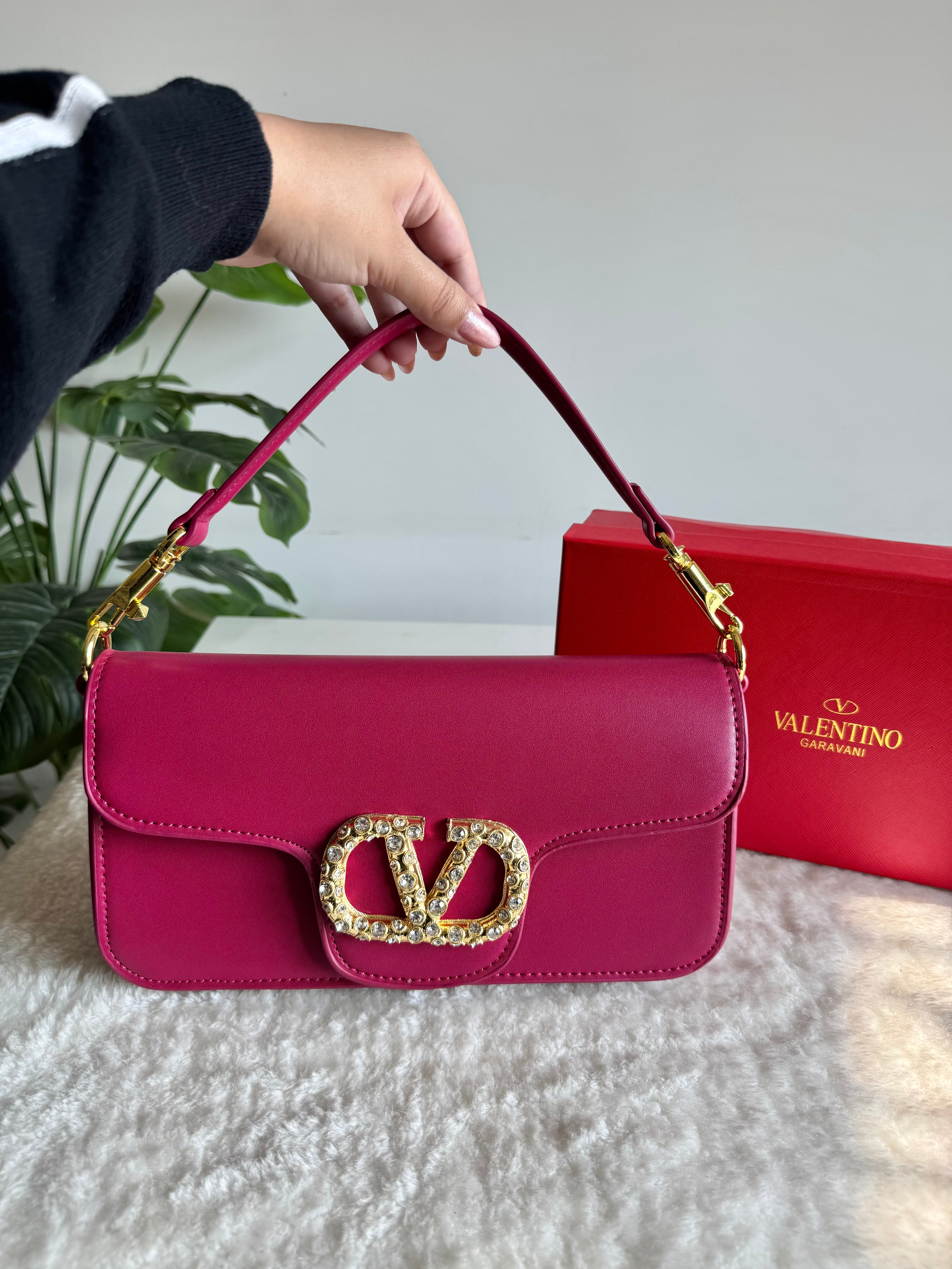 Valentino Loco with Jewel Logo PREMIUM Handbag with Box Packing - Hot Pink