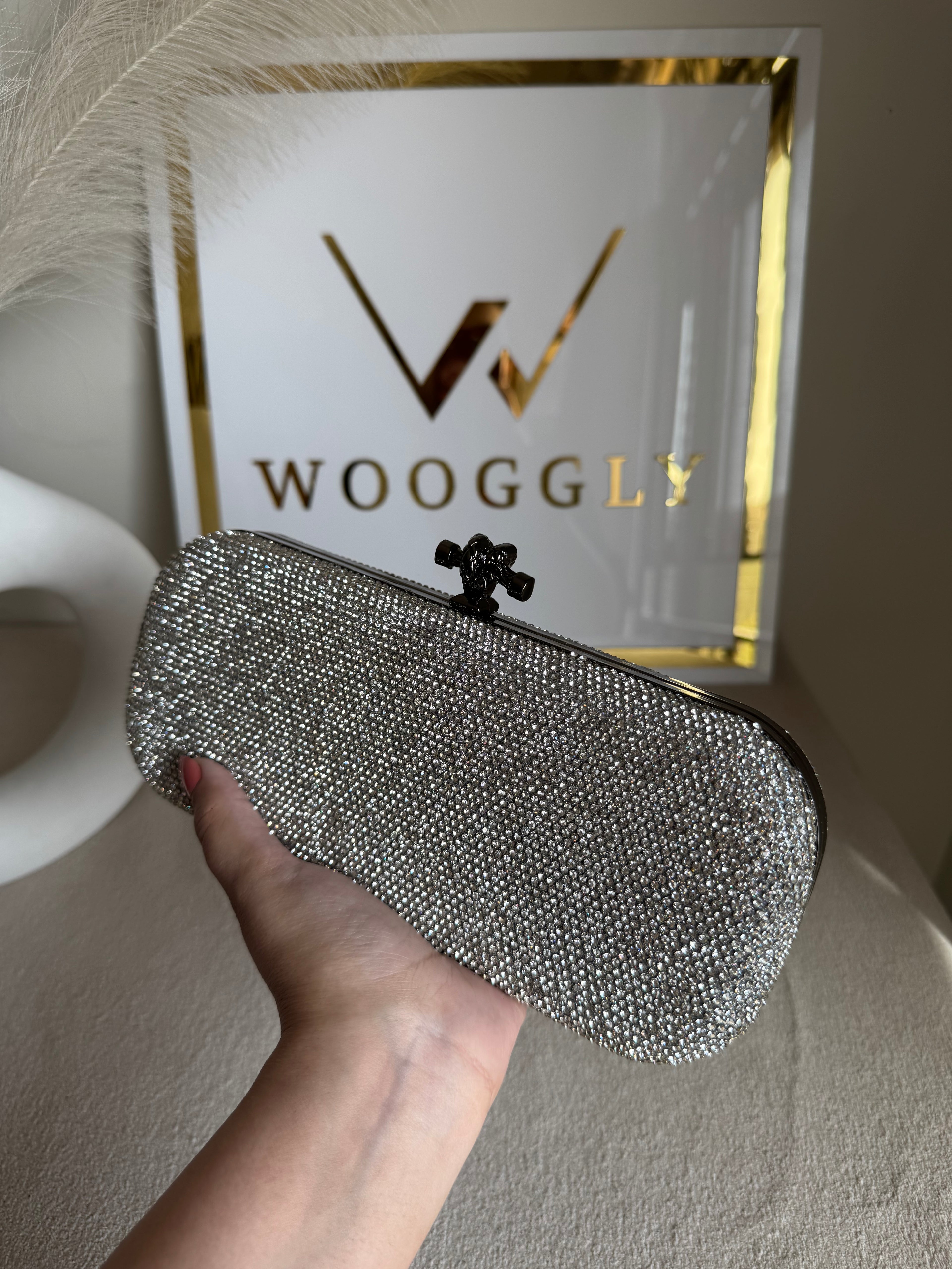 Bottega Shimmer Clutch Matte Top - Silver with Chain