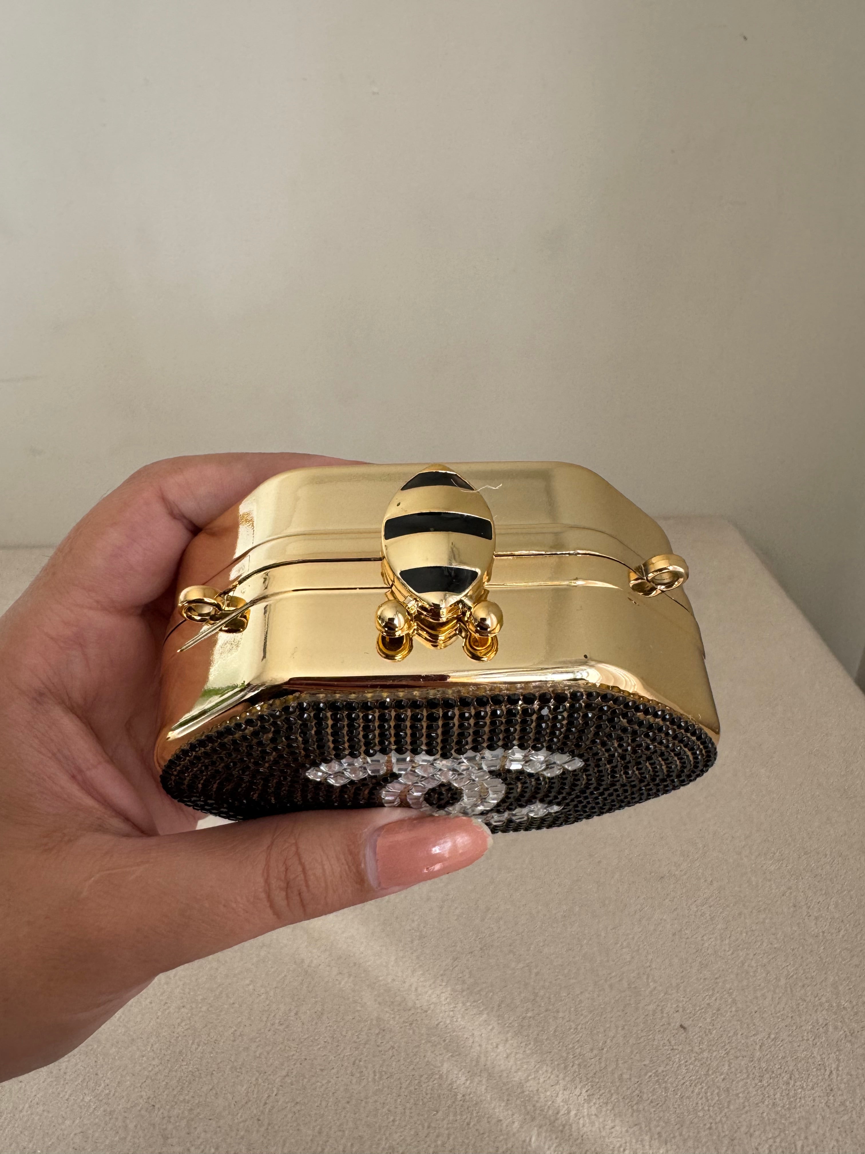 Mini Chanel Embellished Clutch with Chain - Black & Gold