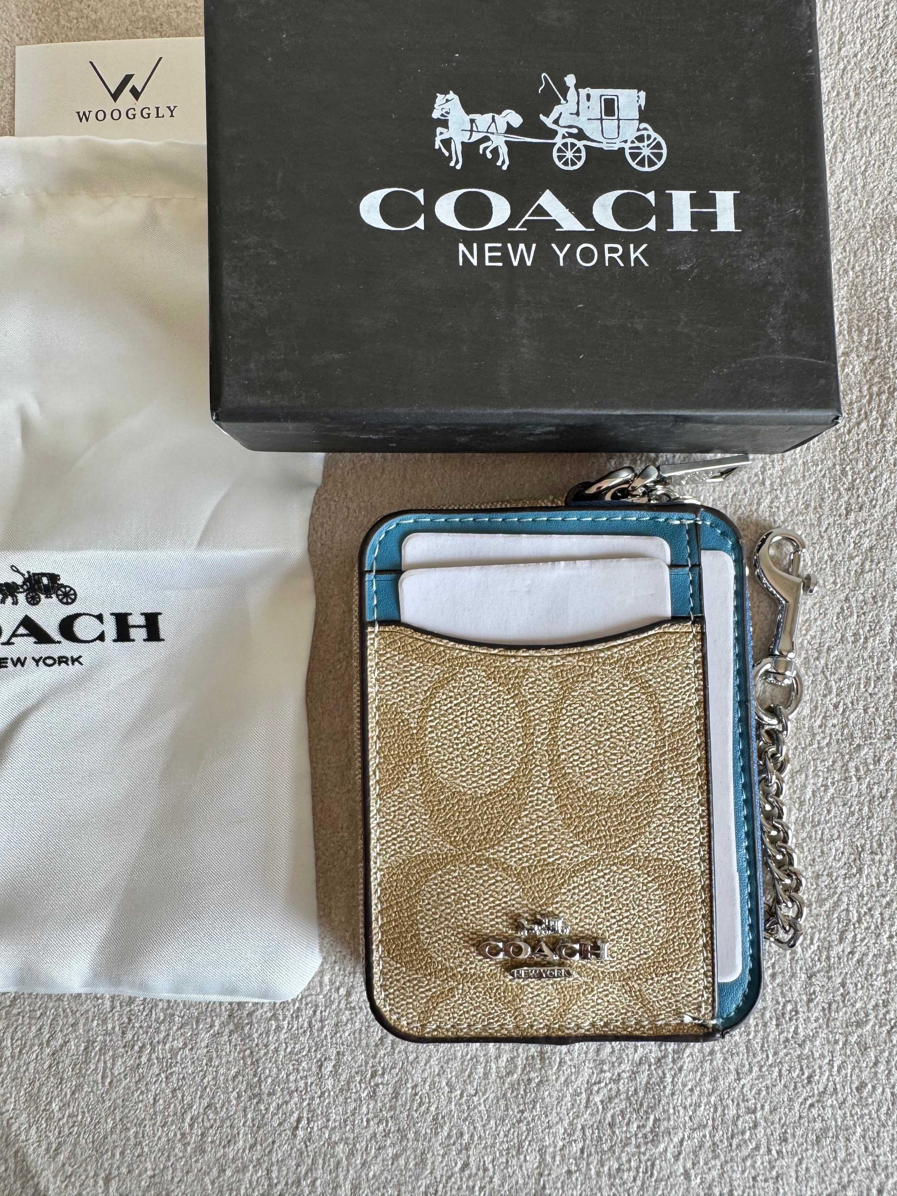 Coach Zip Card Case with Box Packing - Signature Beige with Blue