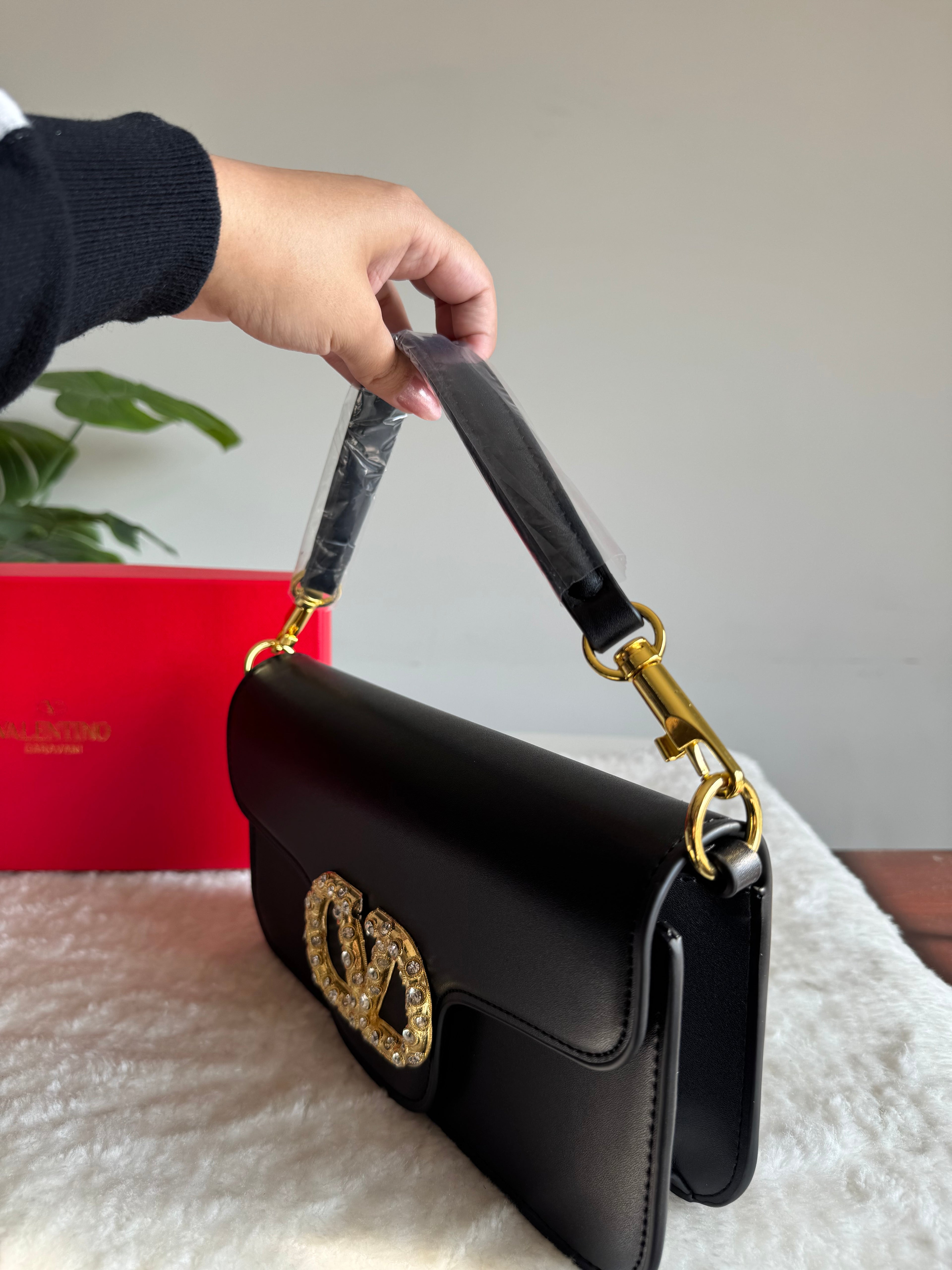 Valentino Loco with Jewel Logo PREMIUM Handbag with Box Packing - Black