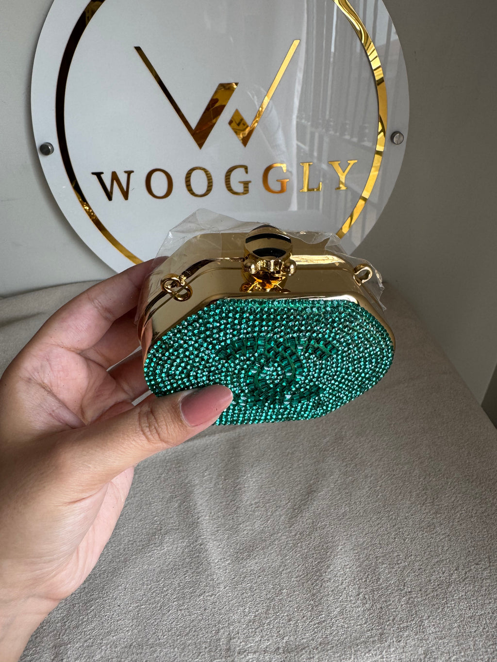 Mini Chanel Embellished Clutch with Chain - Turquoise