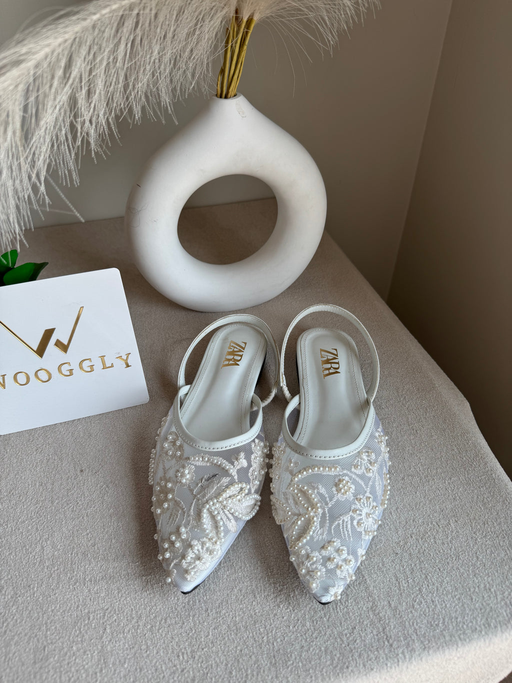Zara Embroidered Mesh Slingback Flats  - White