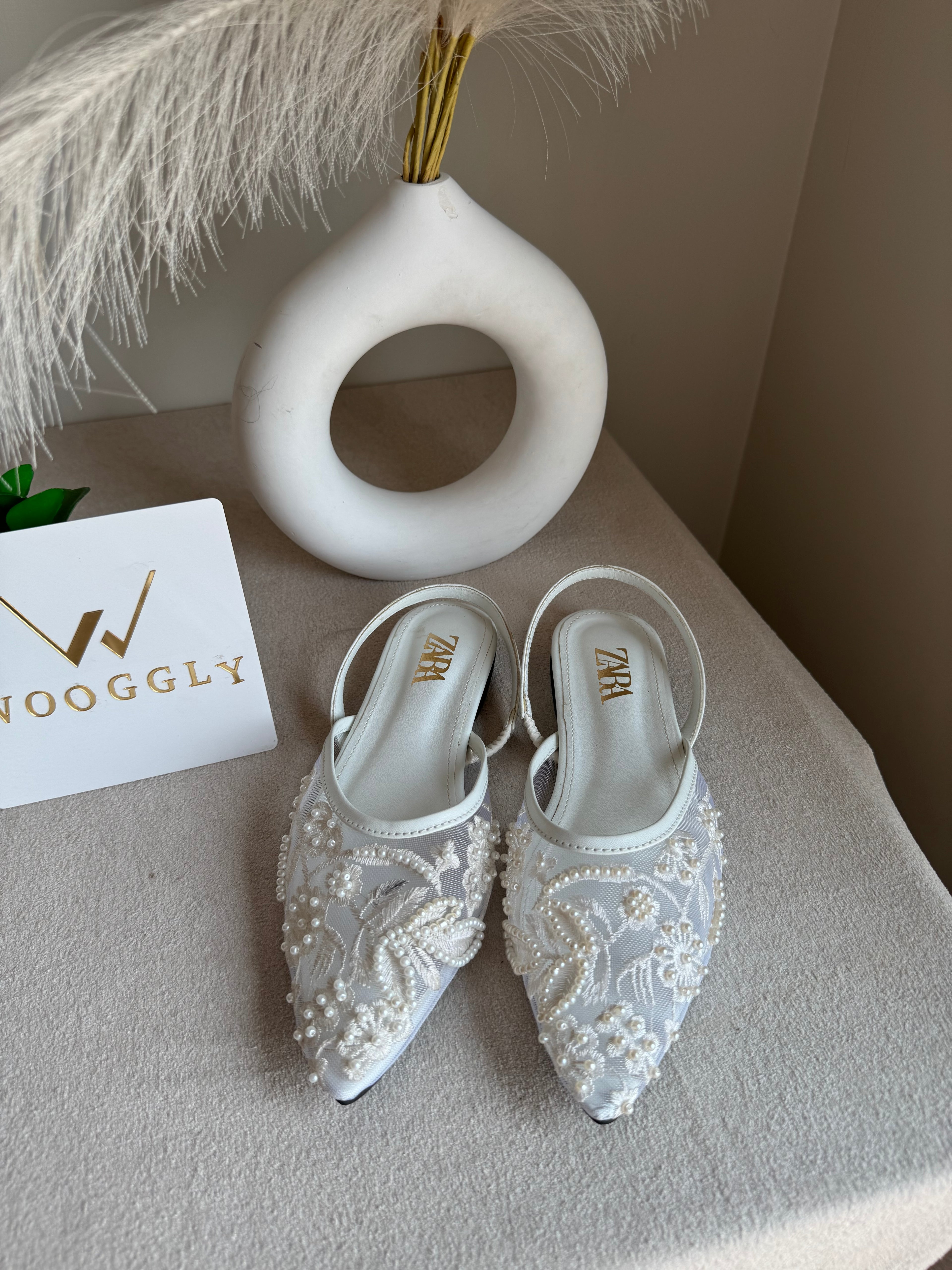 Zara Embroidered Mesh Slingback Flats  - White