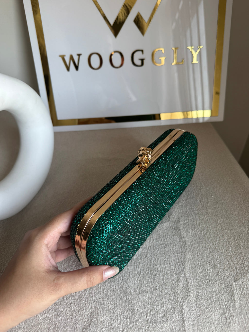 Bottega Shimmer Clutch - Green with Chain