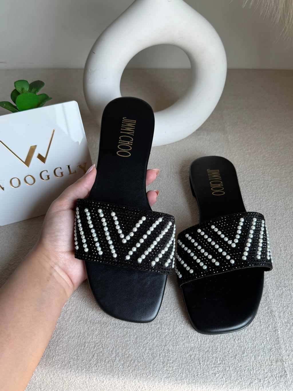 Jimmy Choo Glam Slides Black with Pearl