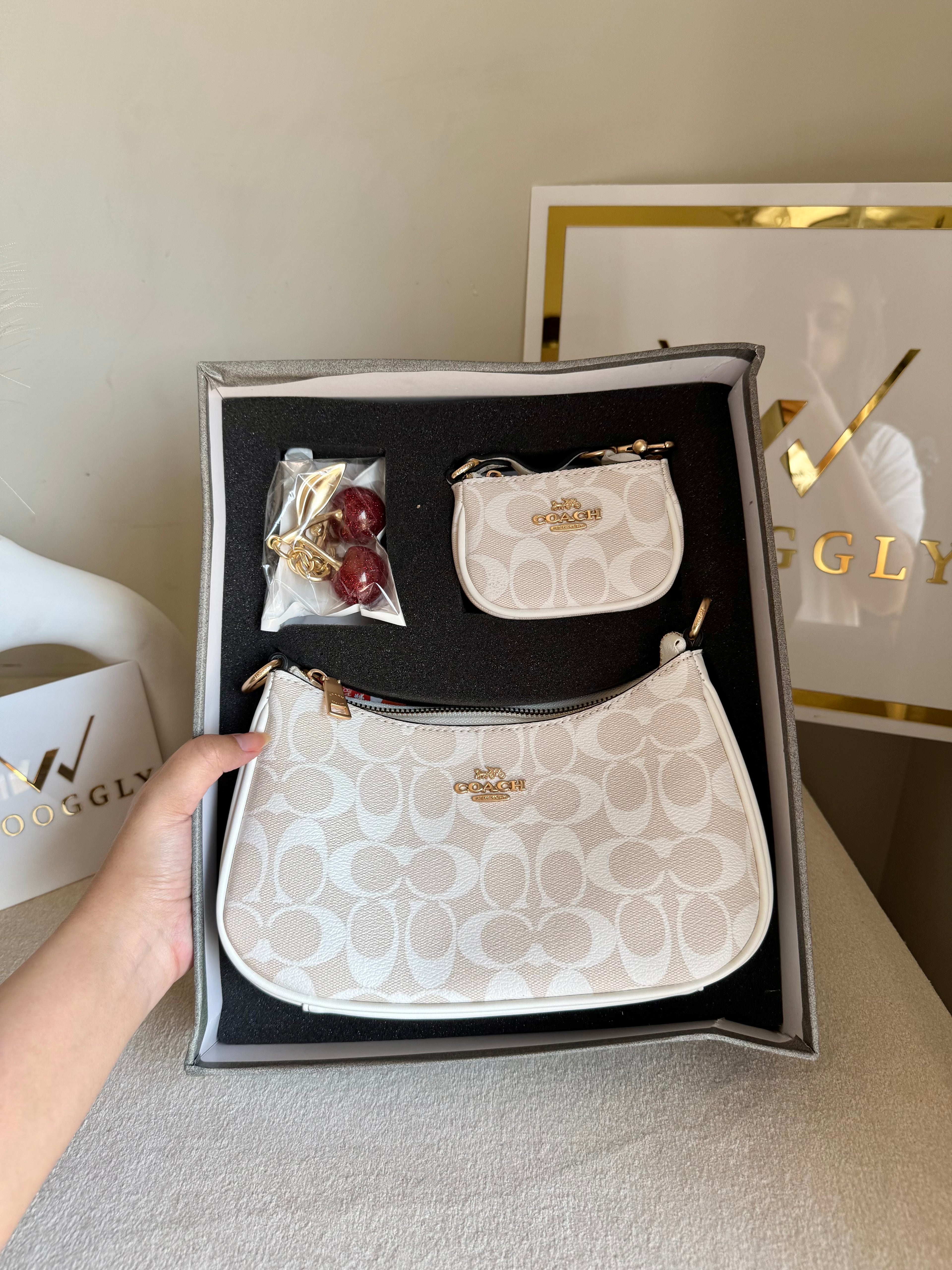 COACH Teri Gift Box with Baby Teri Charm & Coach Cherry Charm - White