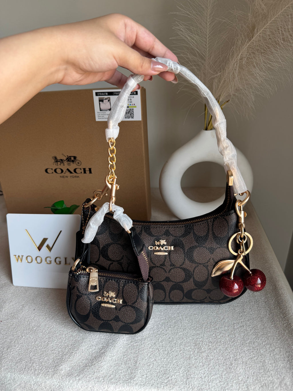 COACH Teri Gift Box with Baby Teri Charm & Coach Cherry Charm - Signature Brown