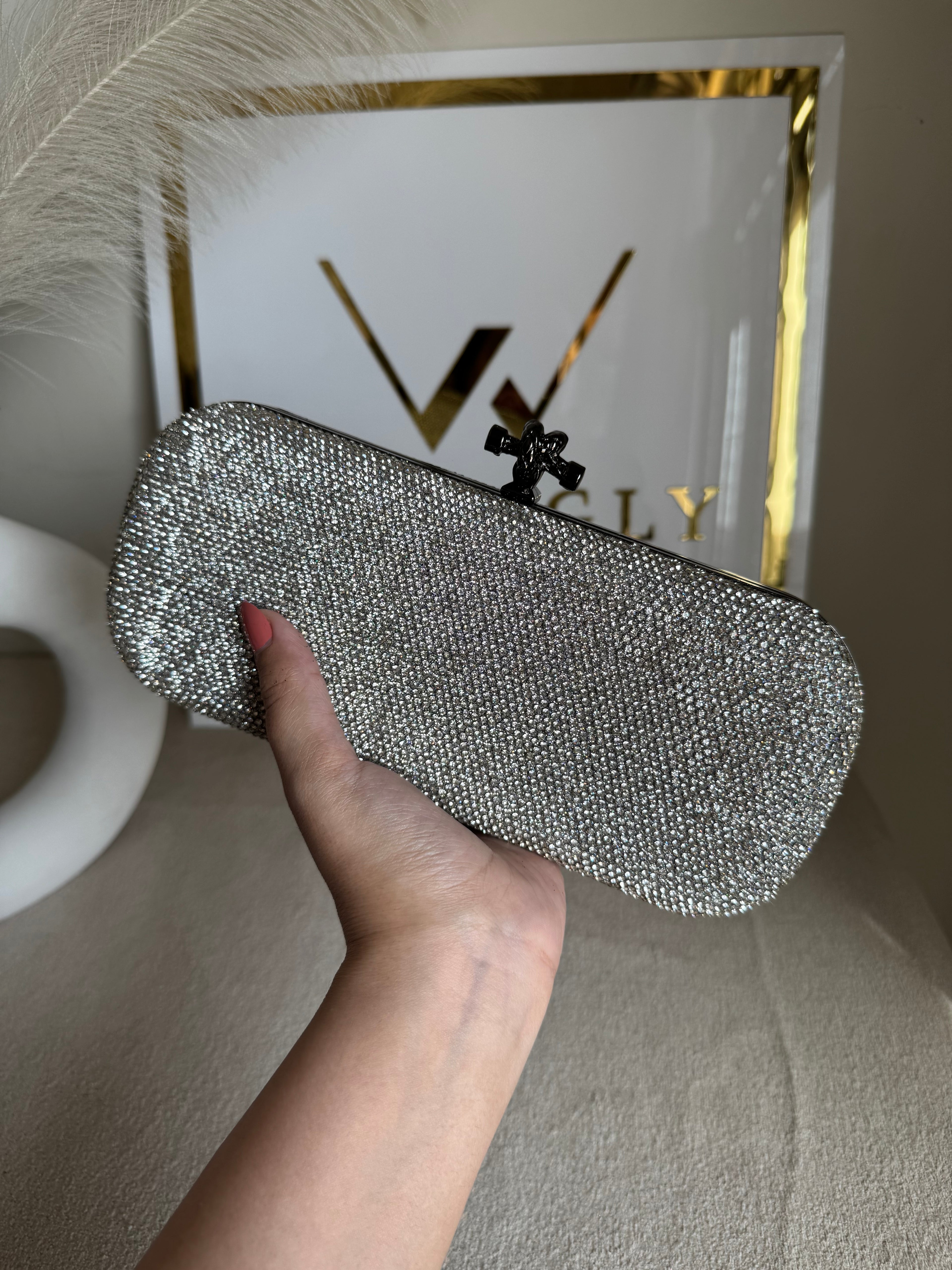 Bottega Shimmer Clutch Matte Top - Silver with Chain