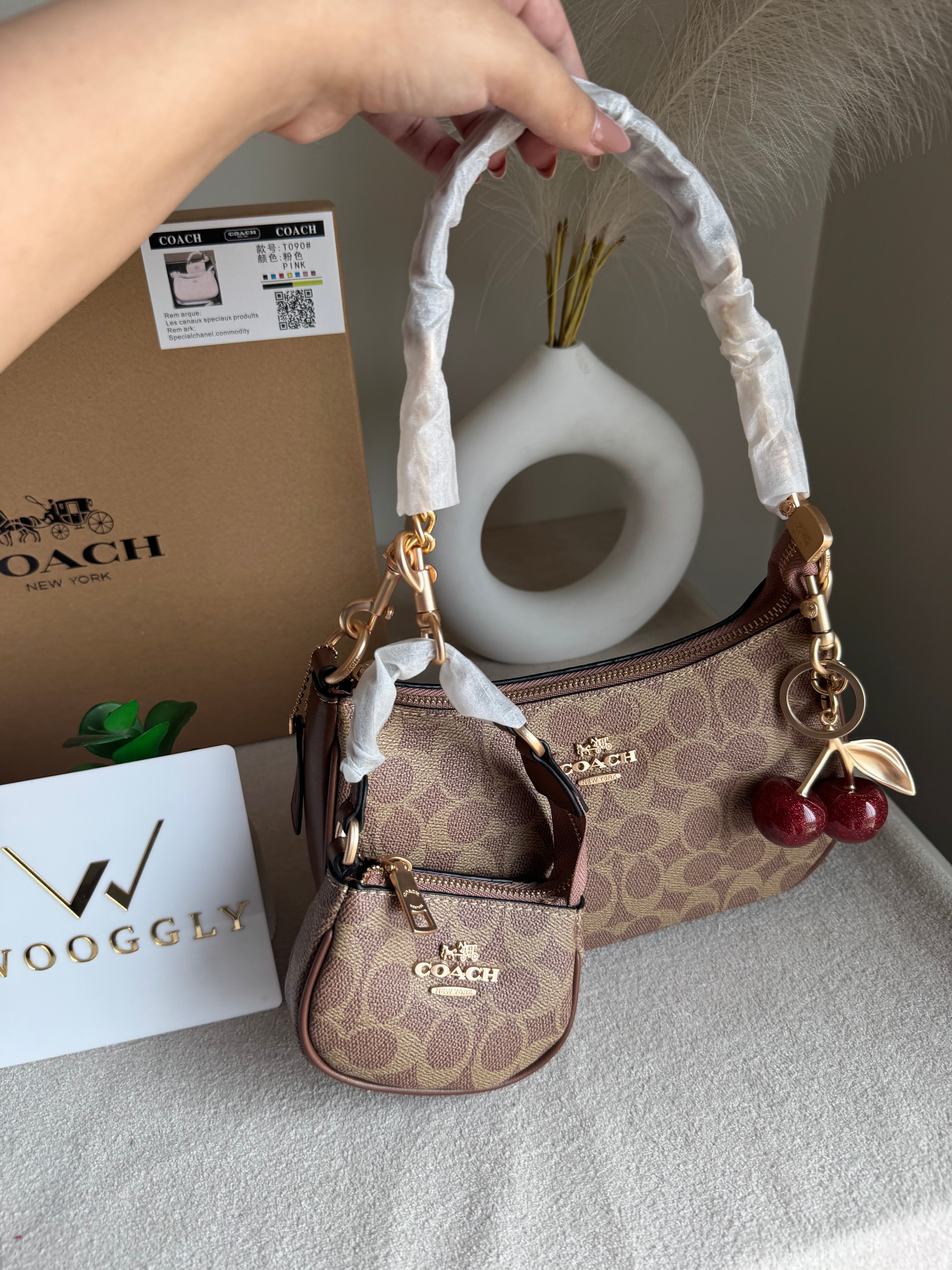 COACH Teri Gift Box with Baby Teri Charm & Coach Cherry Charm - Apricot Brown