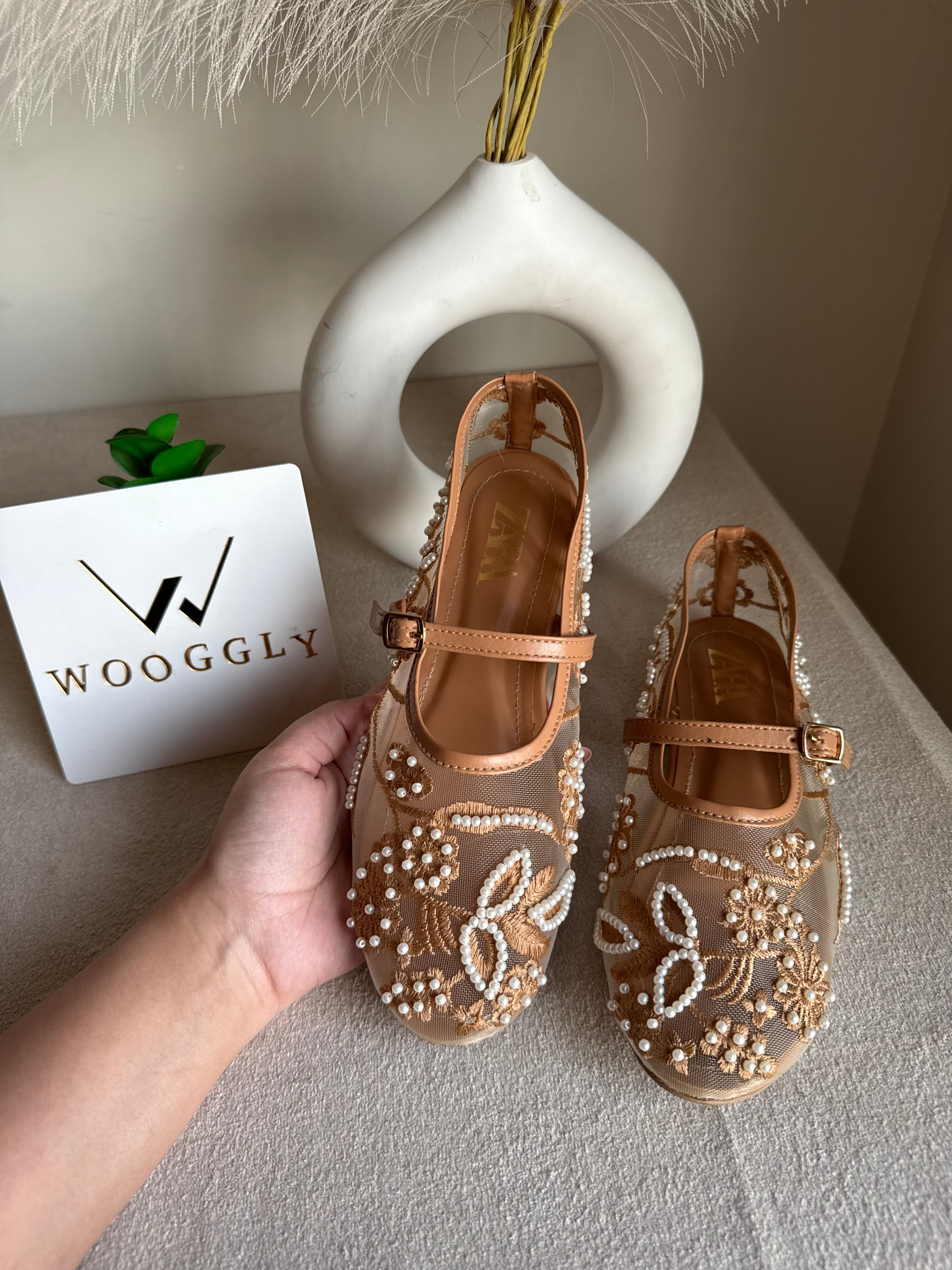 Zara Embroided Net Pumps - Beige