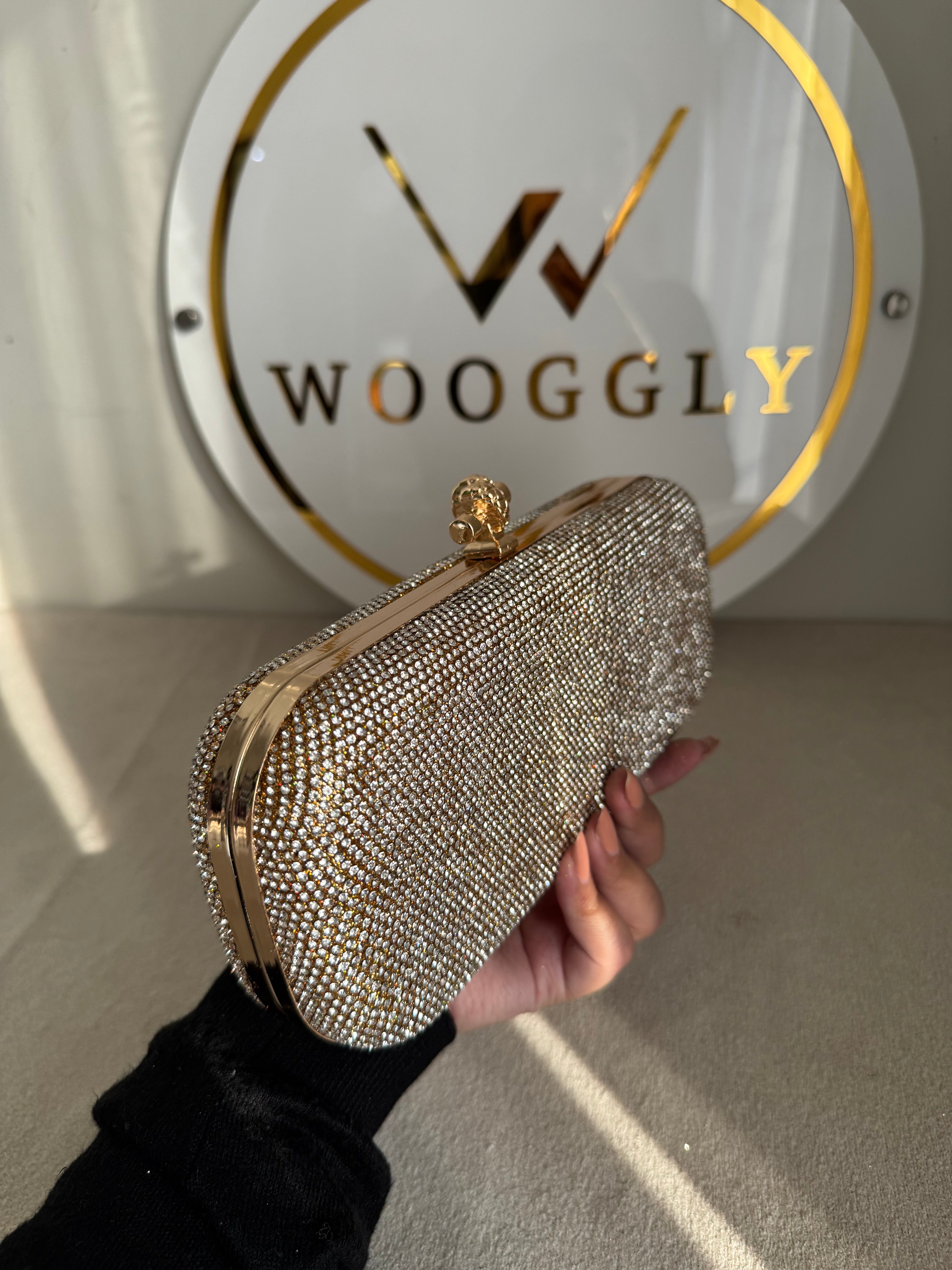 Bottega Shimmer Clutch - Rose Gold with Chain