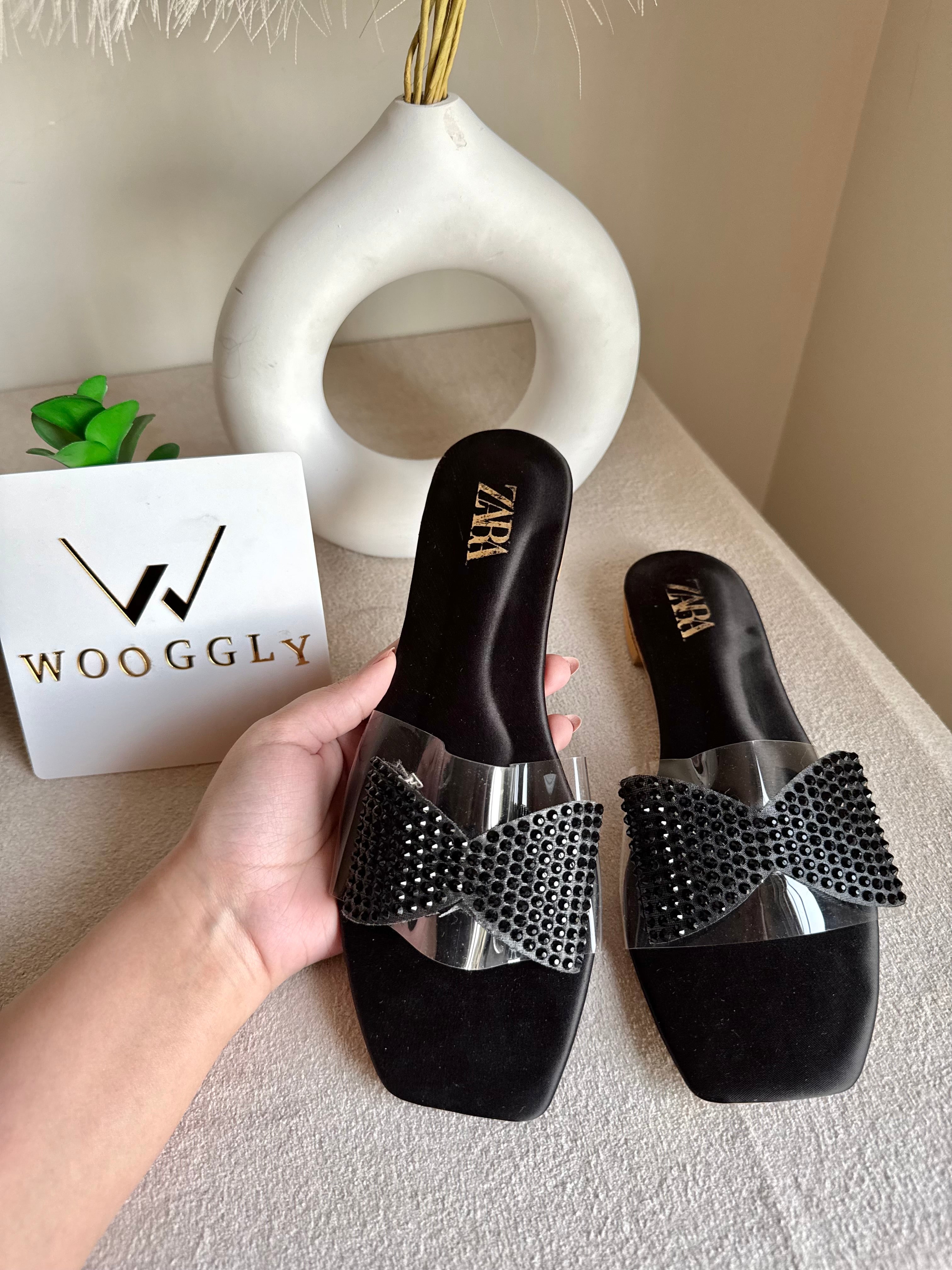 Zara Glitter Bow Slides - Black