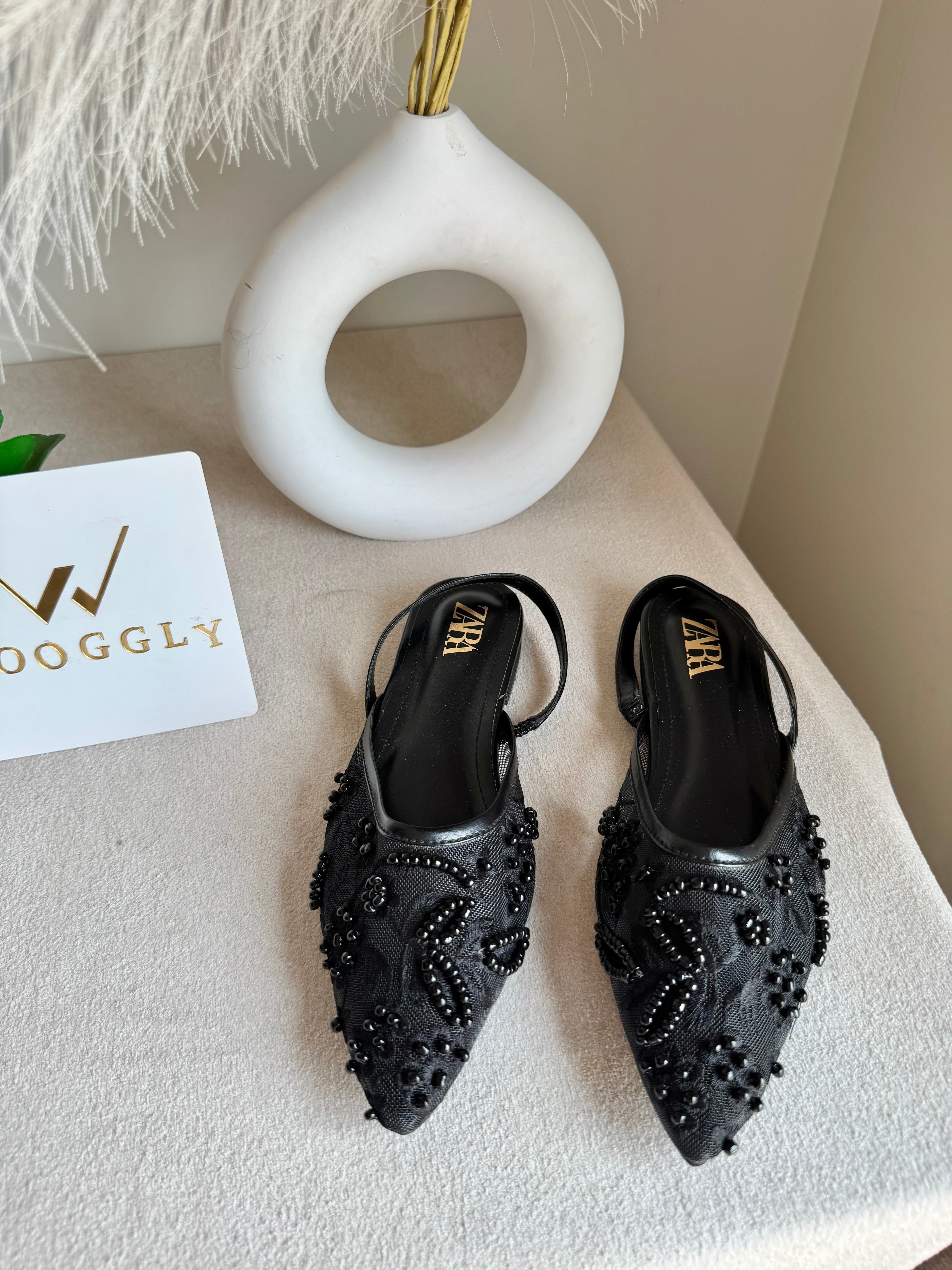 Zara Embroidered Mesh Slingback Flats  - Black