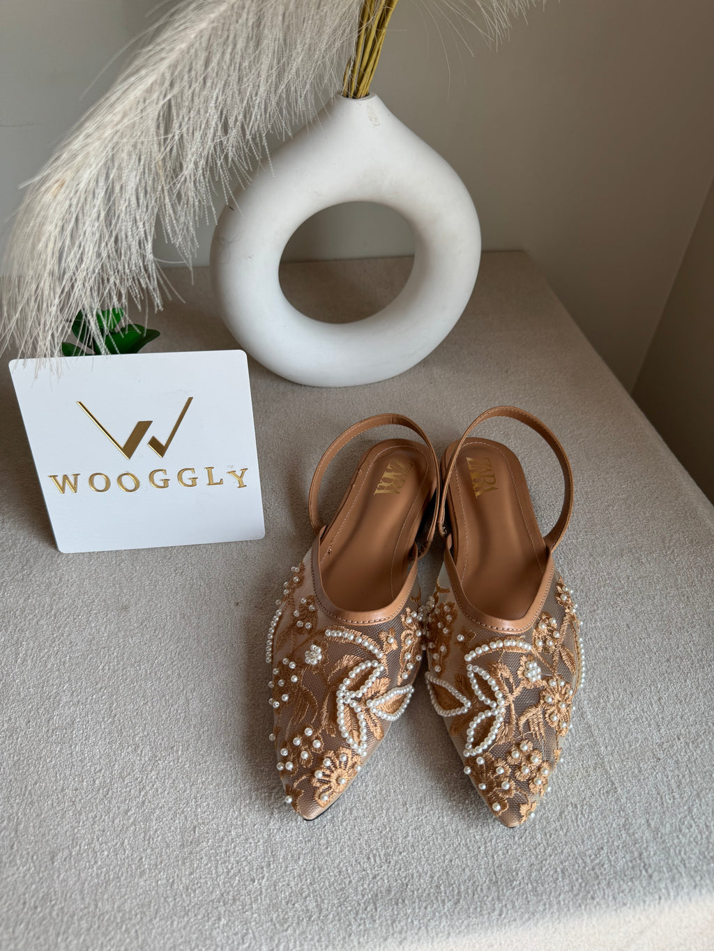 Zara Embroidered Mesh Slingback Flats  - Beige