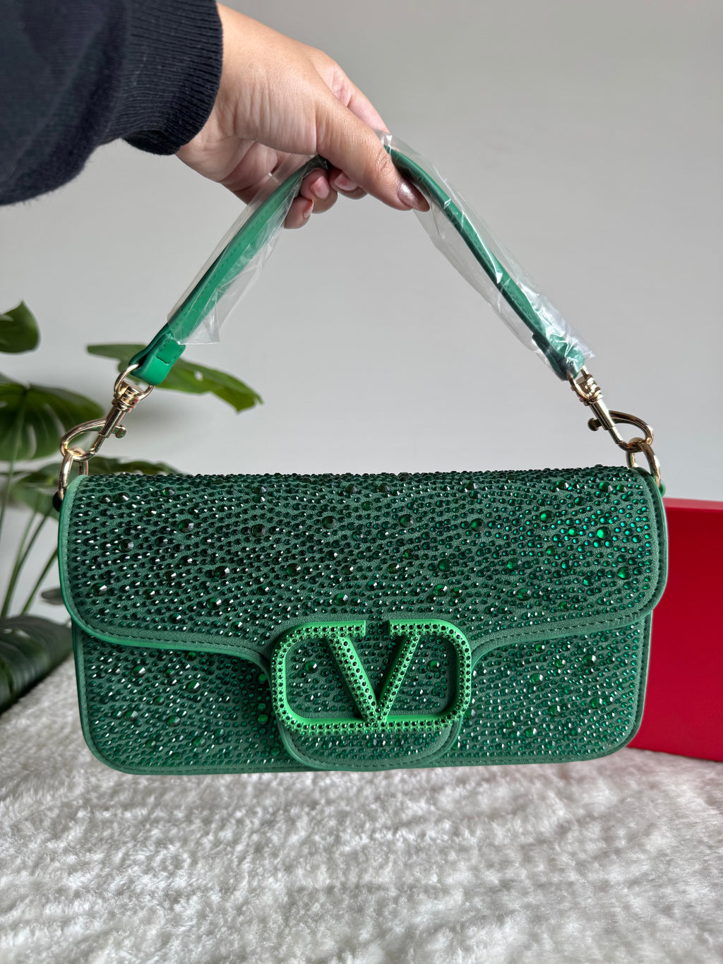 Valentino Loco Rhinestone PREMIUM Handbag with Box Packing - Emerald Green