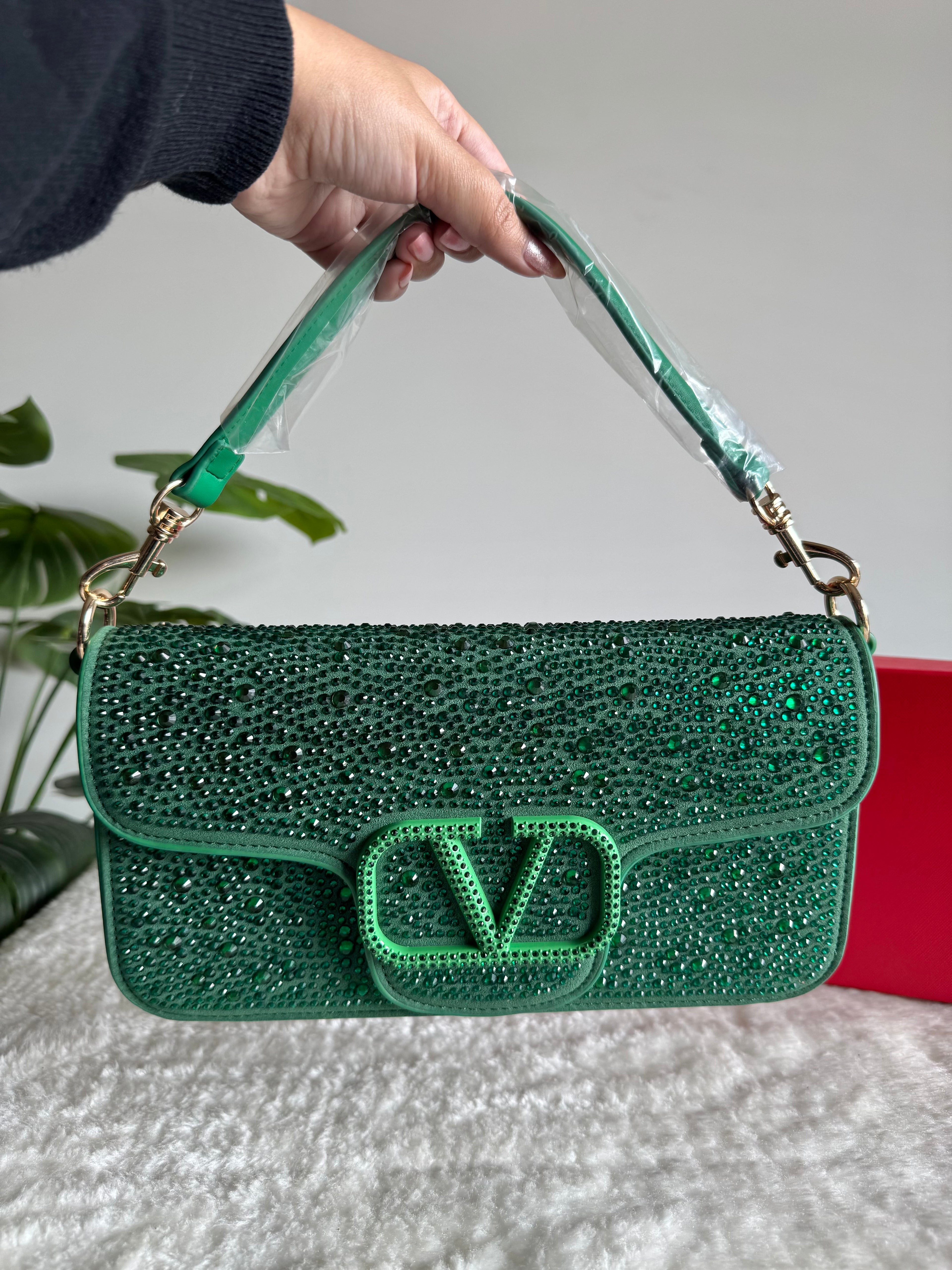 Valentino Loco Rhinestone PREMIUM Handbag with Box Packing - Emerald Green