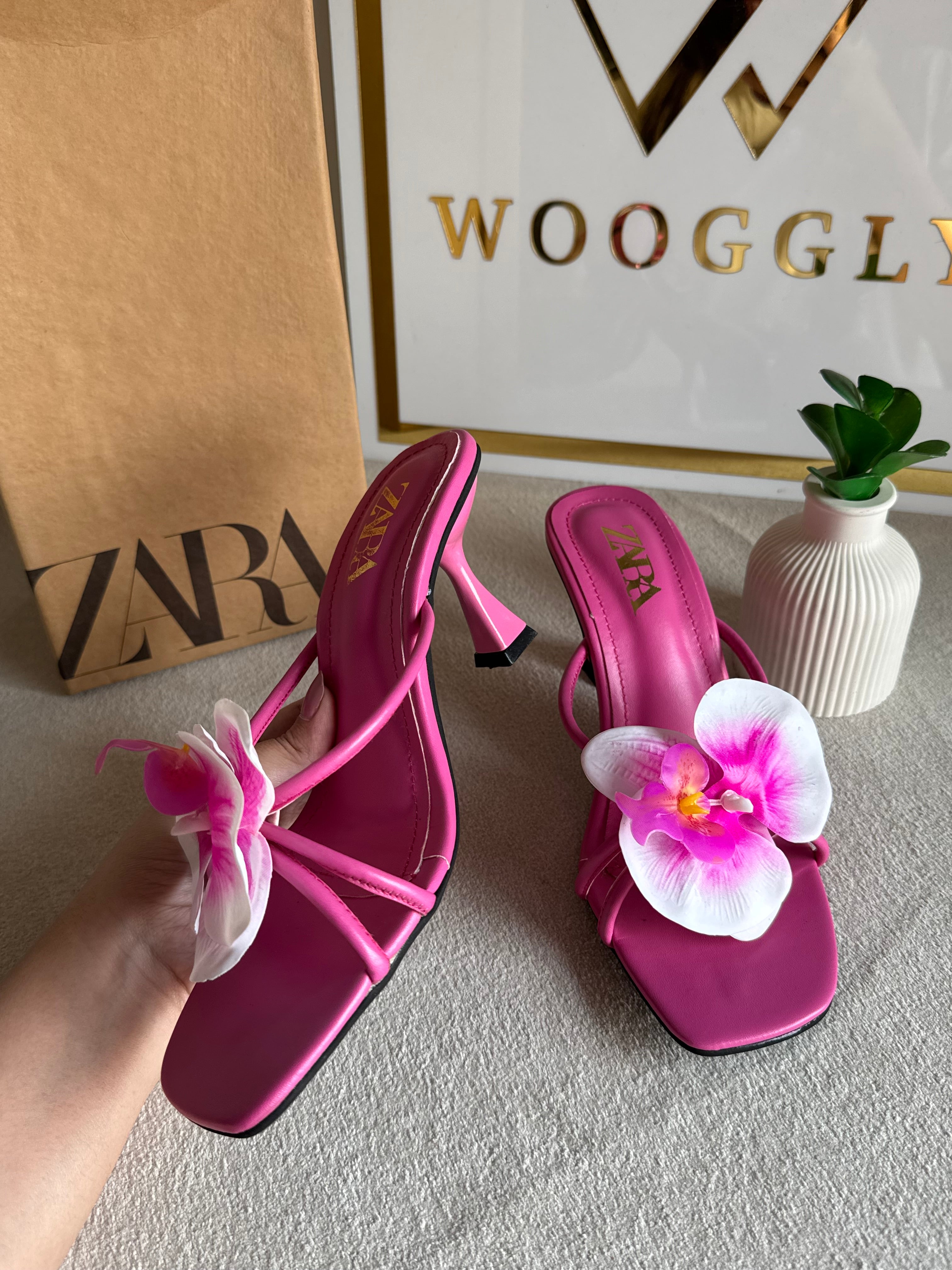 Zara Flower Heels HOT PINK - with Brand Box