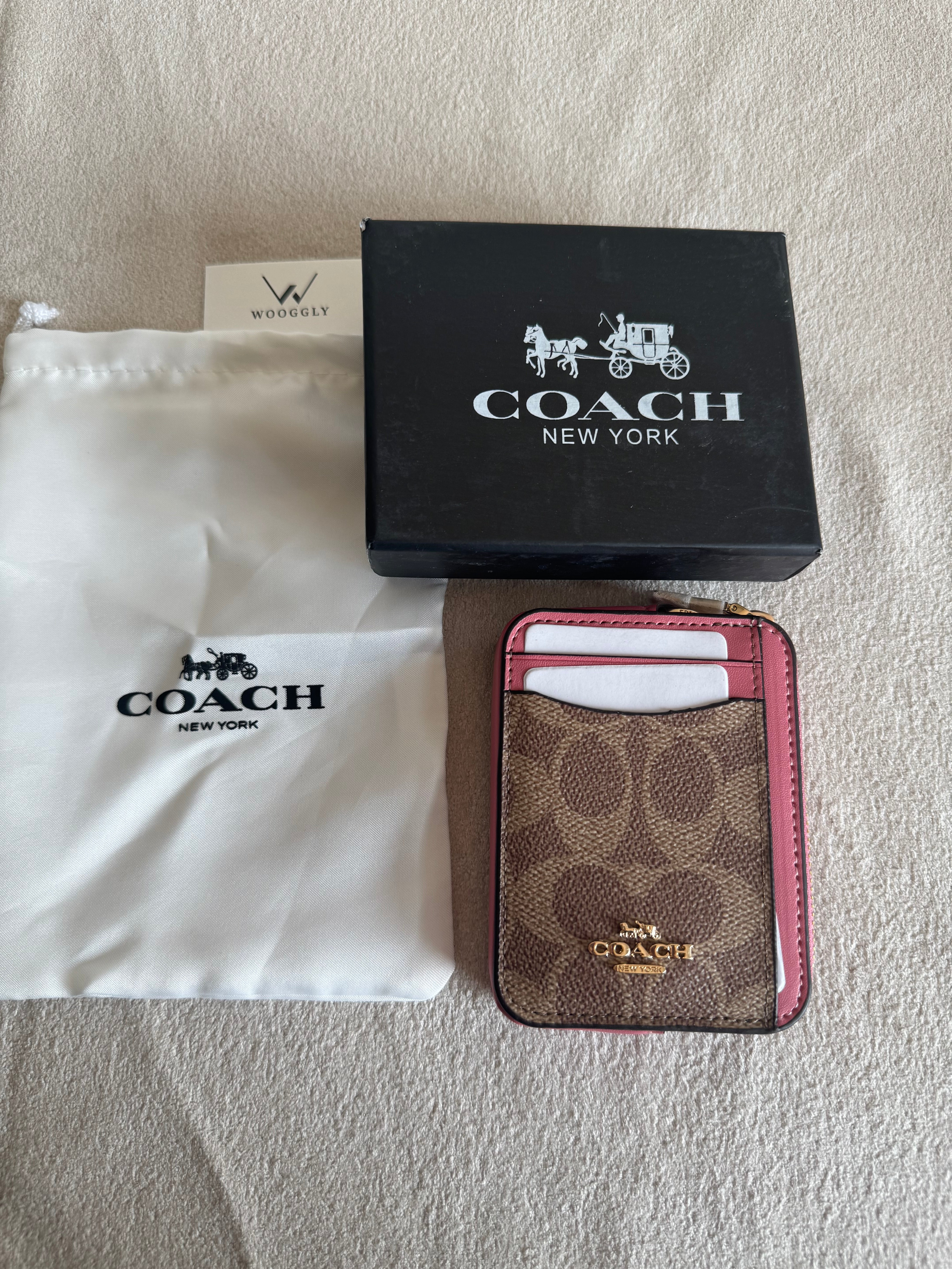 Coach Zip Card Case with Box Packing - Apricot Brown with Pink