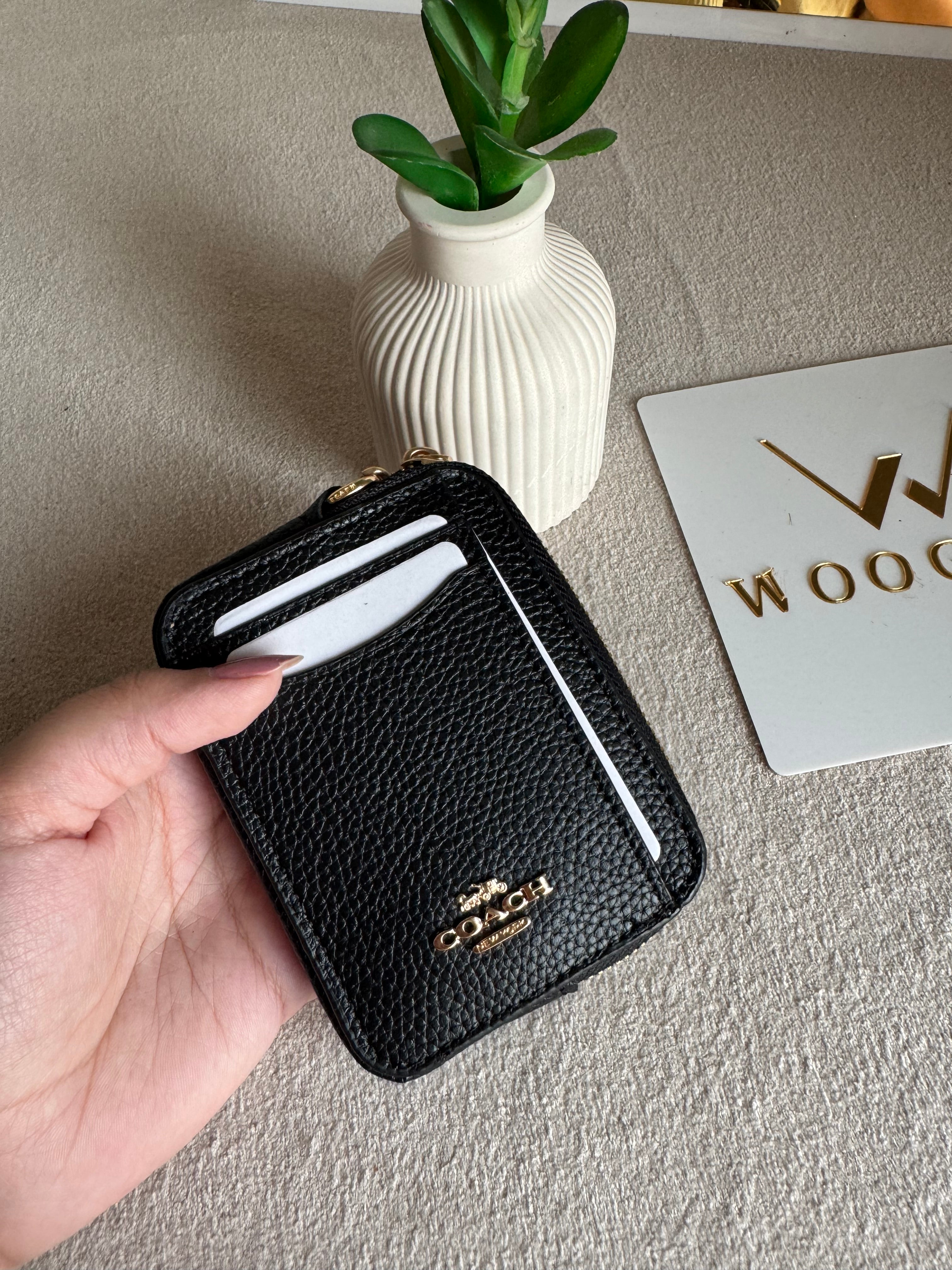 Coach Zip Card Case - Black with Gold Logo