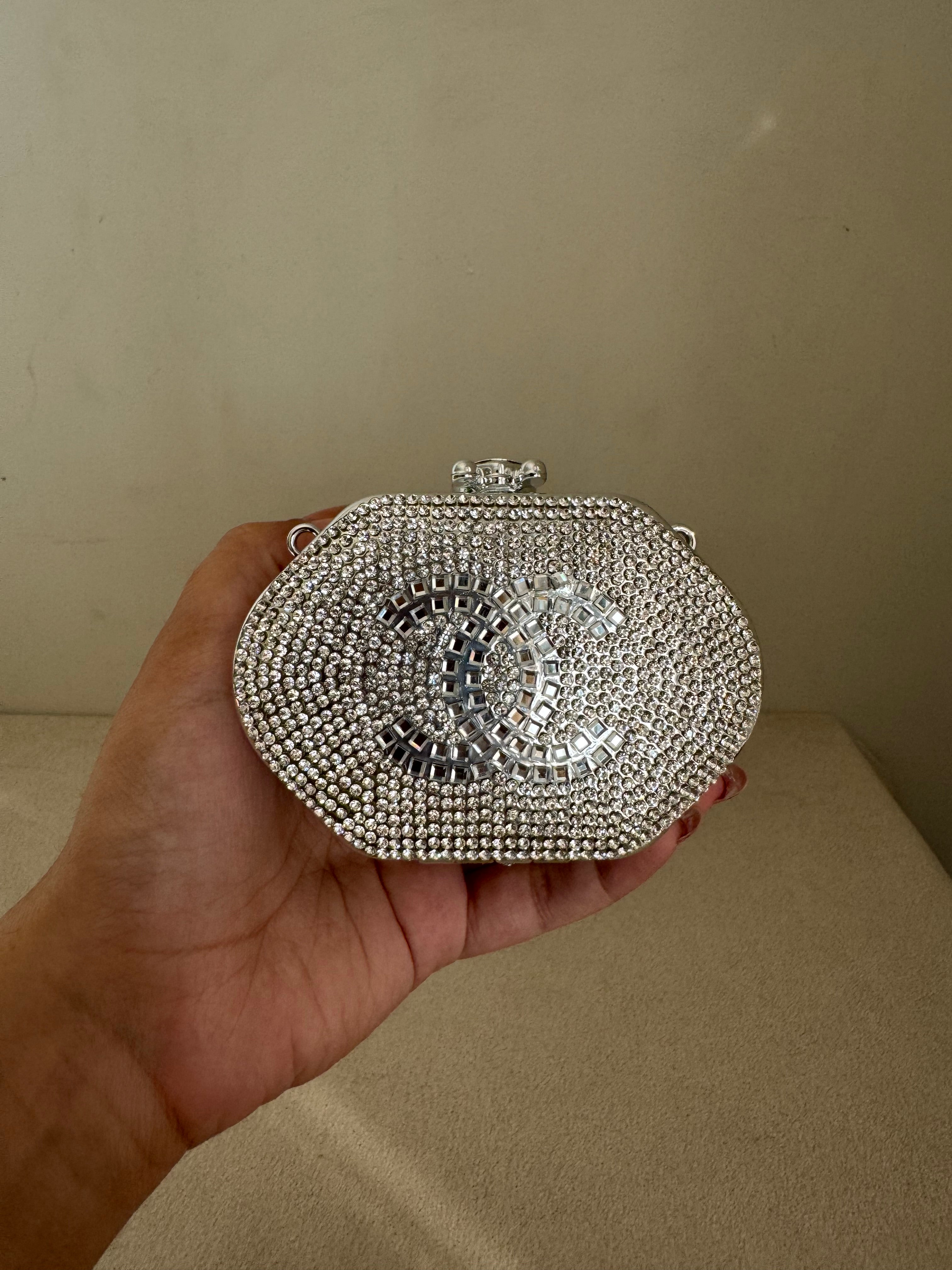 Mini Chanel Embellished Clutch with Chain - Silver & Gold