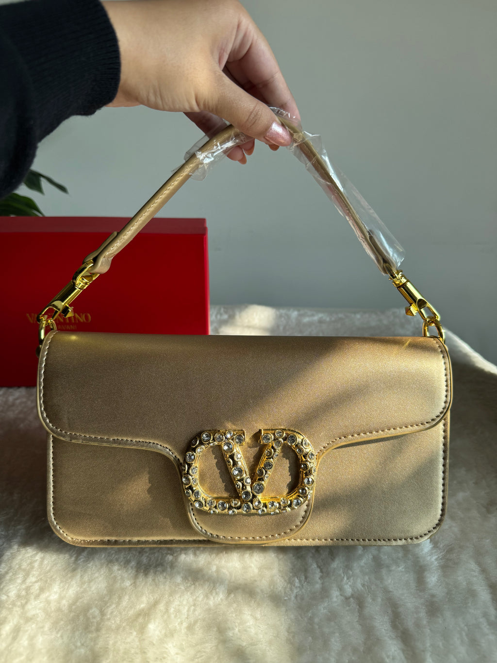 Valentino Loco with Jewel Logo PREMIUM Handbag with Box Packing - Champagne