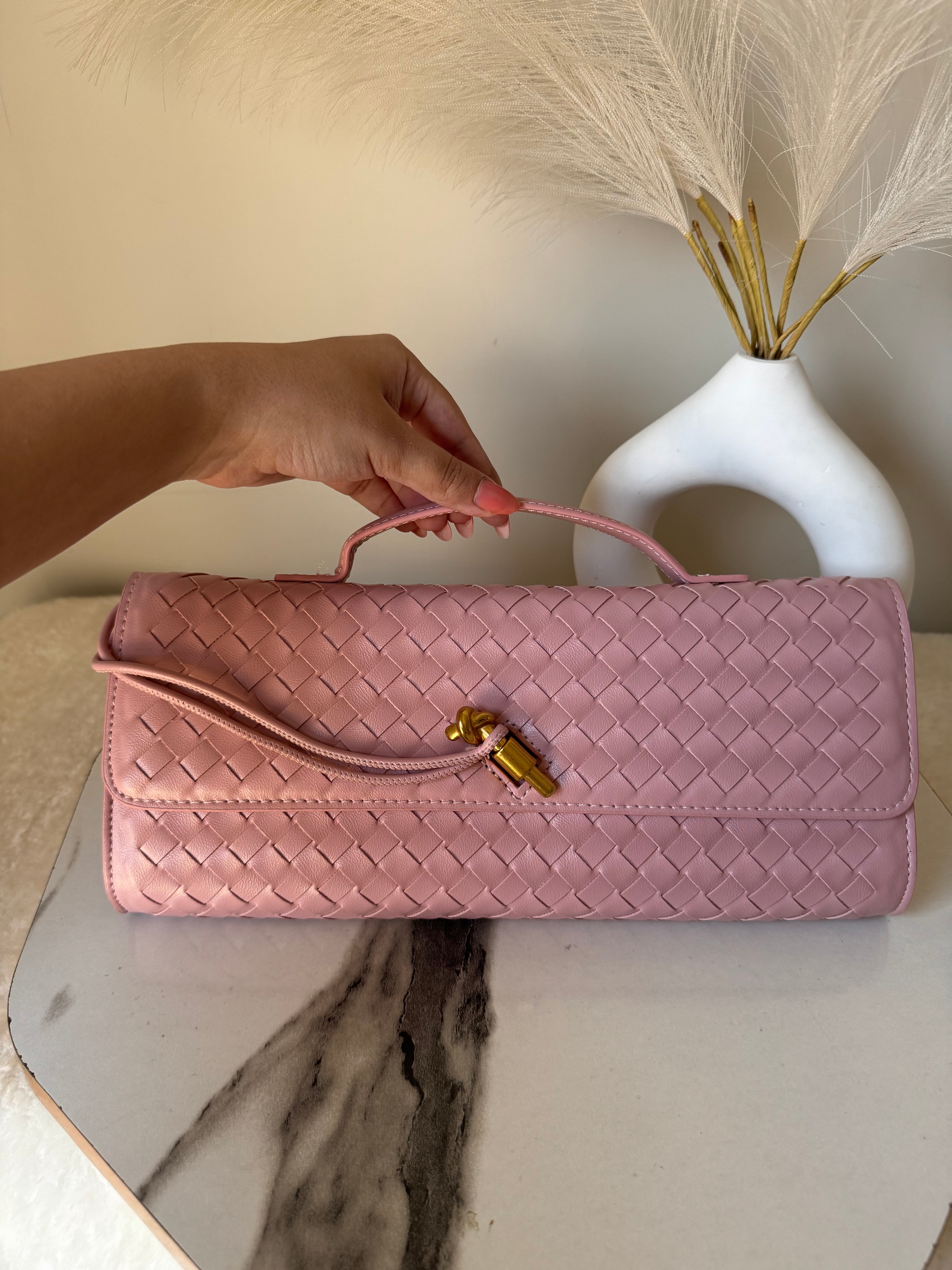Bottega Veneta Inspired Clutch (Pink) with Long Strap