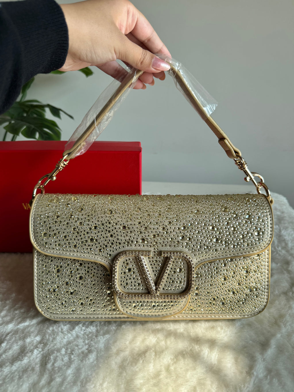 Valentino Loco Rhinestone PREMIUM Handbag with Box Packing - Champagne