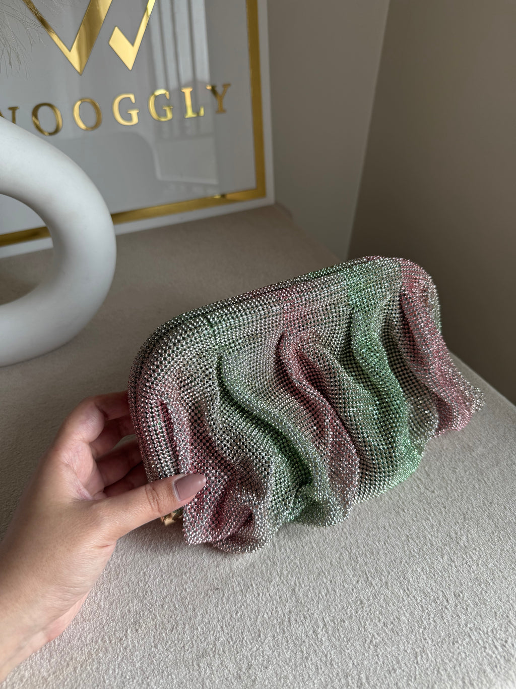 Viral High Quality Rhinestone Clutch with Chain - Pink Emerald Glimmer