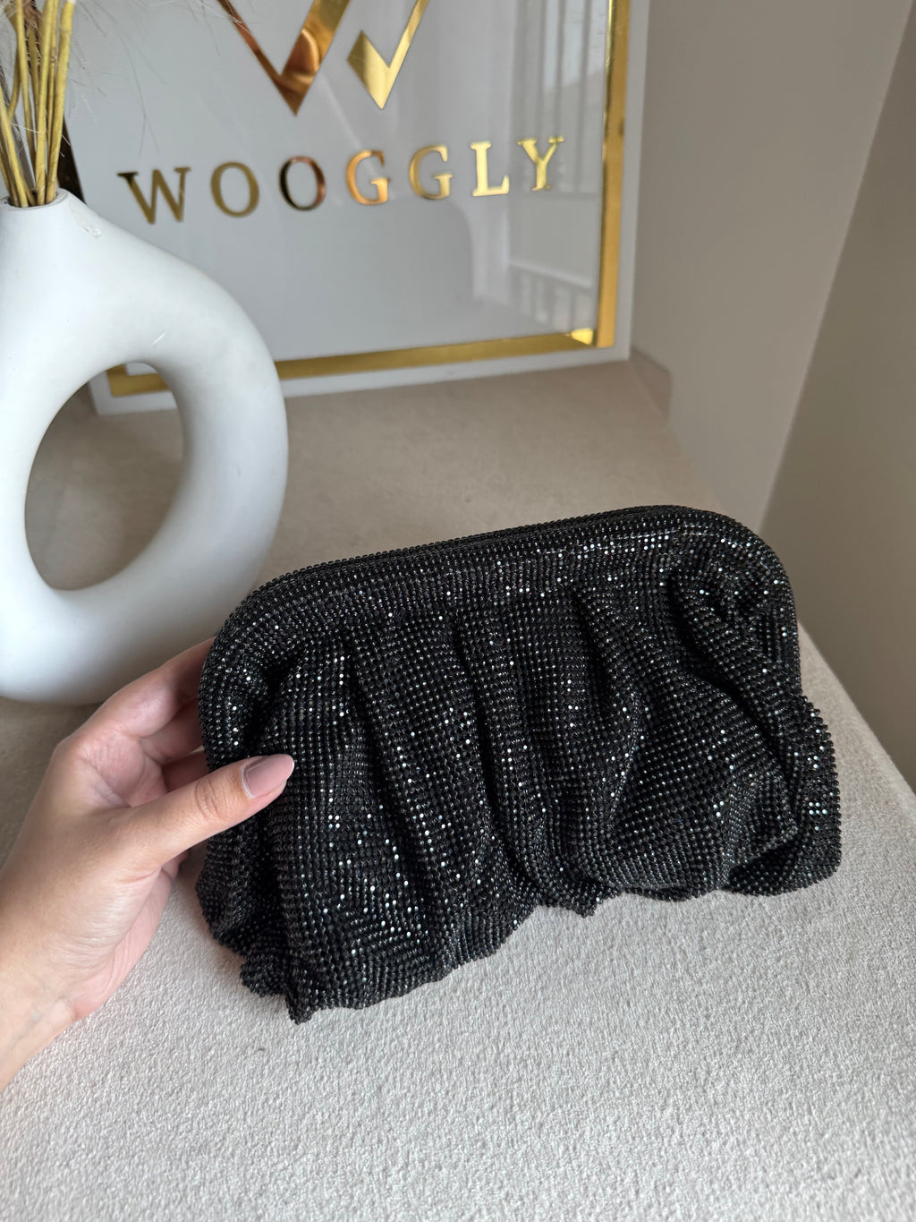Viral High Quality Rhinestone Clutch with Chain - Black
