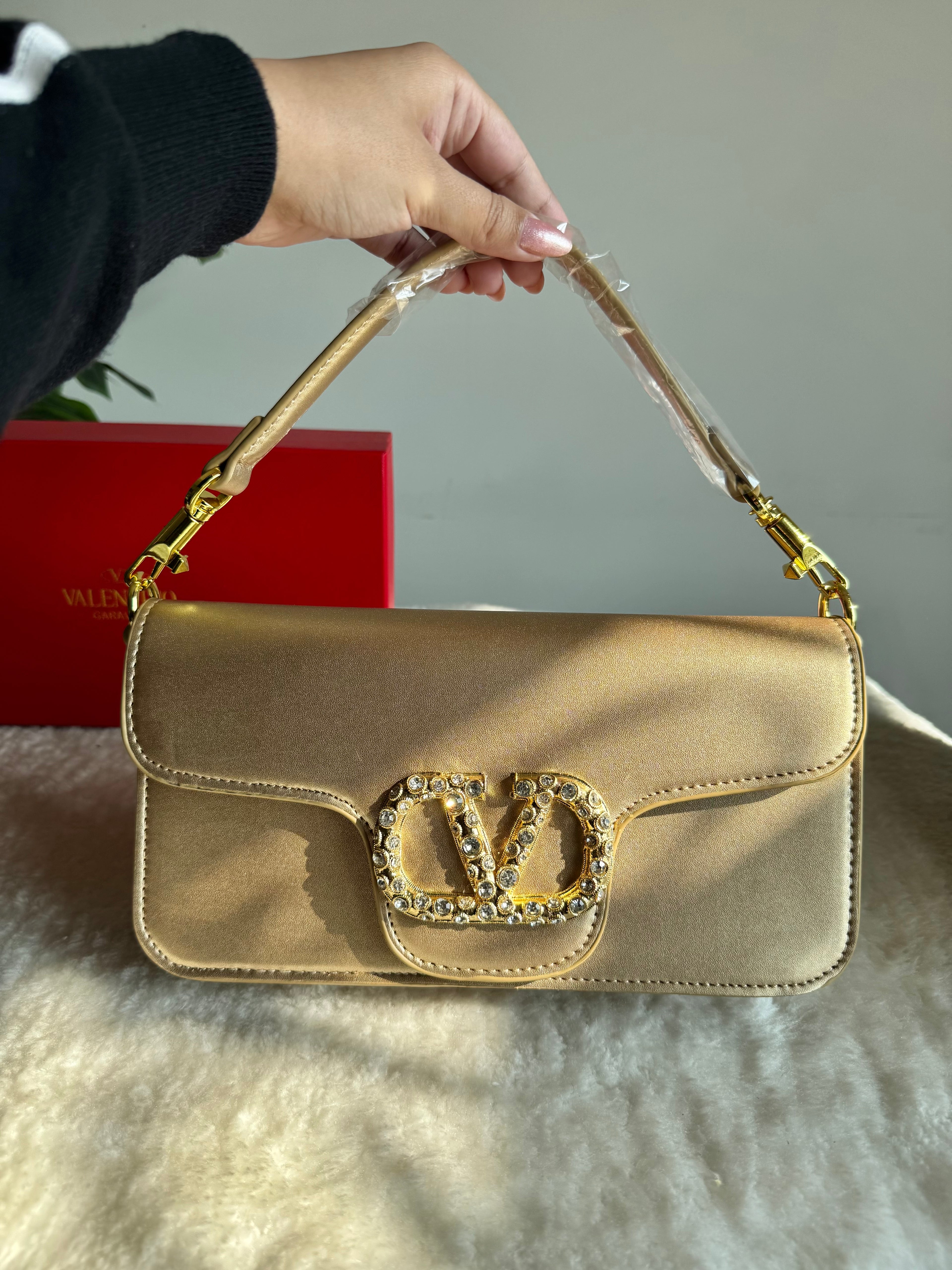 Valentino Loco with Jewel Logo PREMIUM Handbag with Box Packing - Champagne