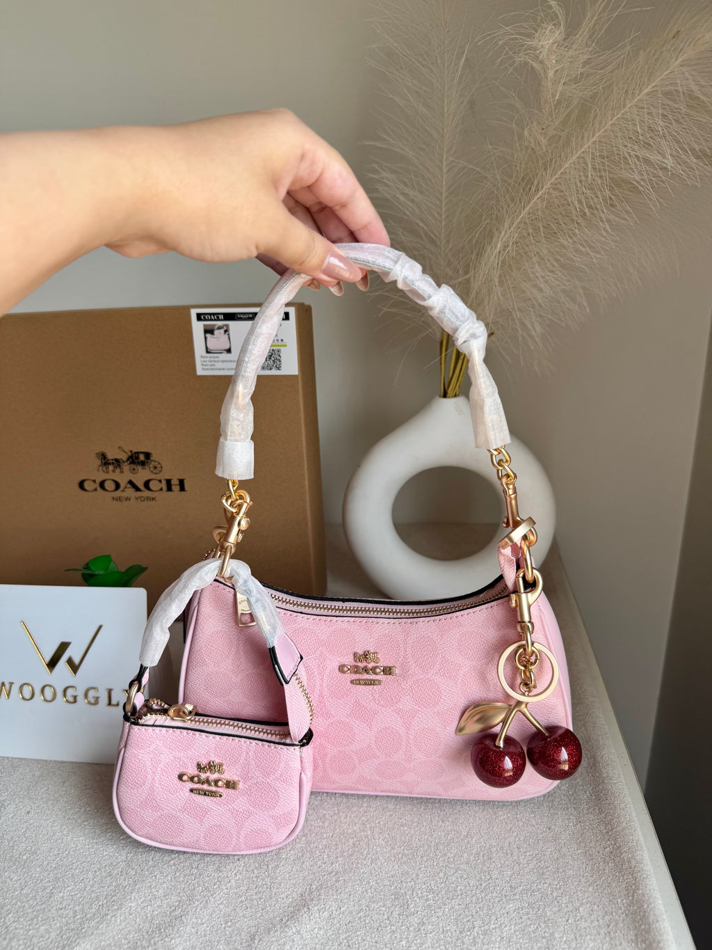 COACH Teri Gift Box with Baby Teri Charm & Coach Cherry Charm - Pink
