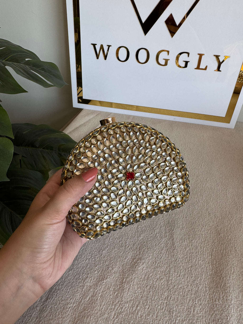 Afreen Kundan Clutch with Chain - Red Stone