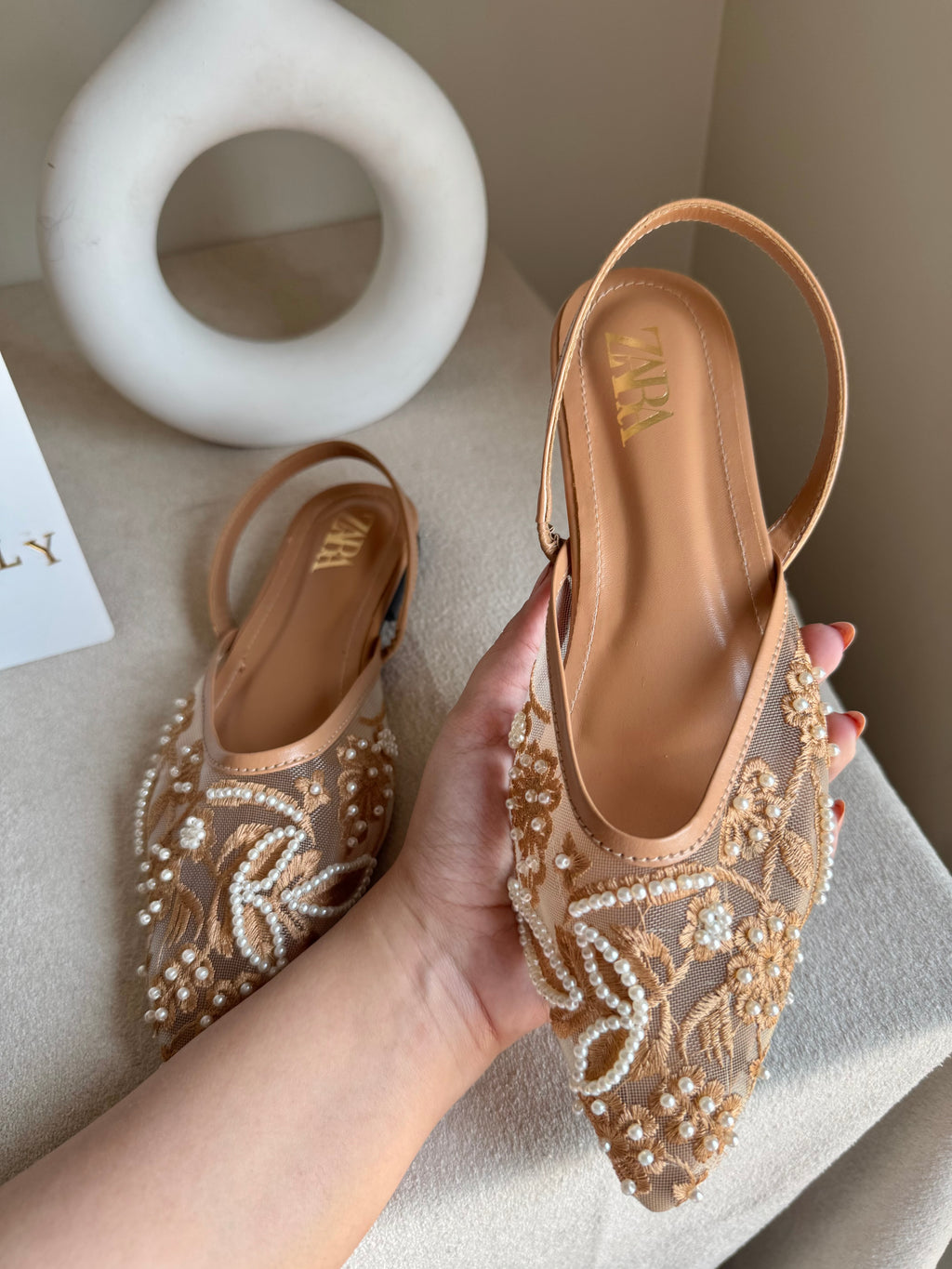 Zara Embroidered Mesh Slingback Flats  - Beige