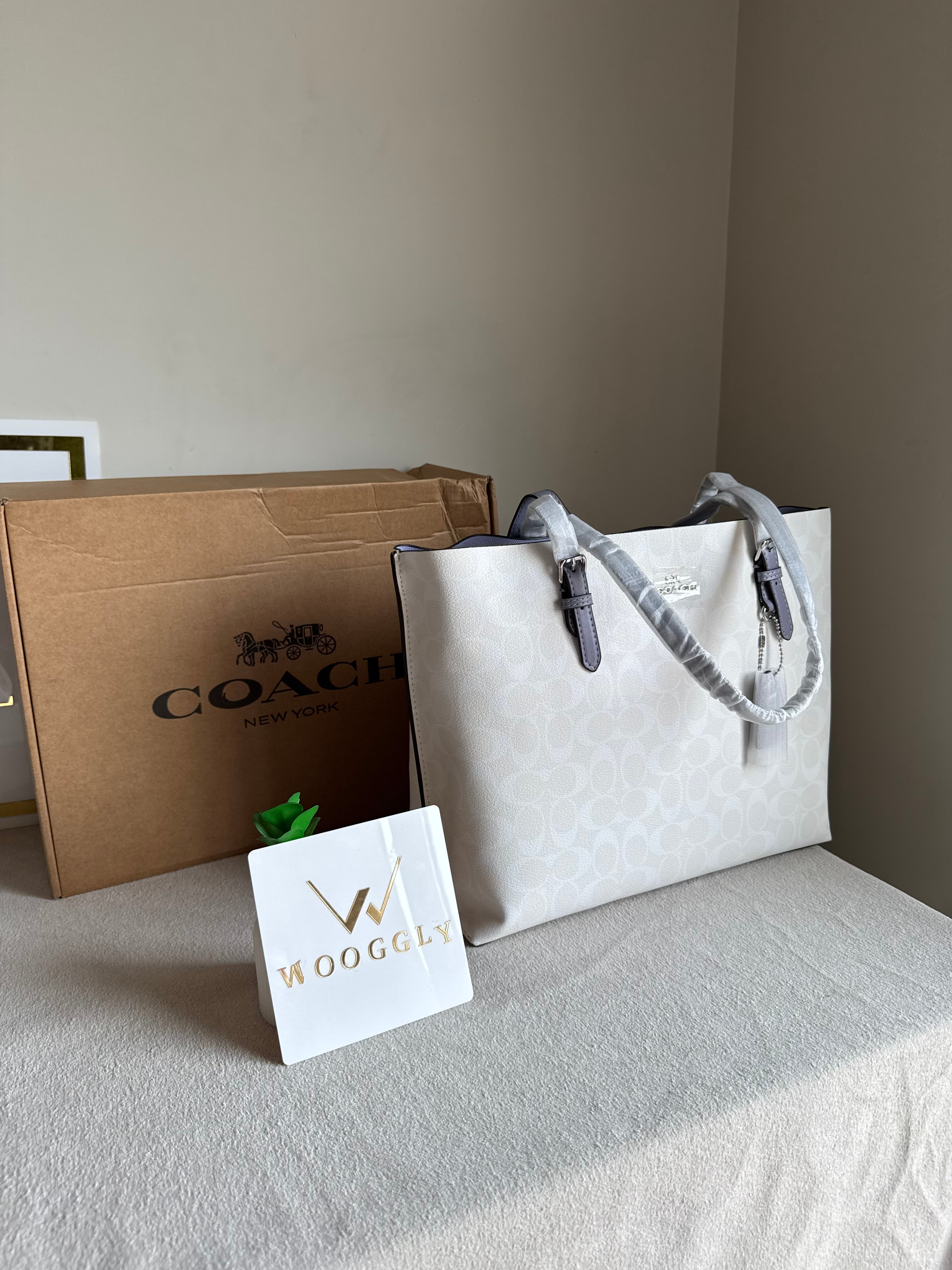 EXTREMELY PREMIUM COACH Mollie Tote Bag - Signature White & Lilac (BOX PACKING)