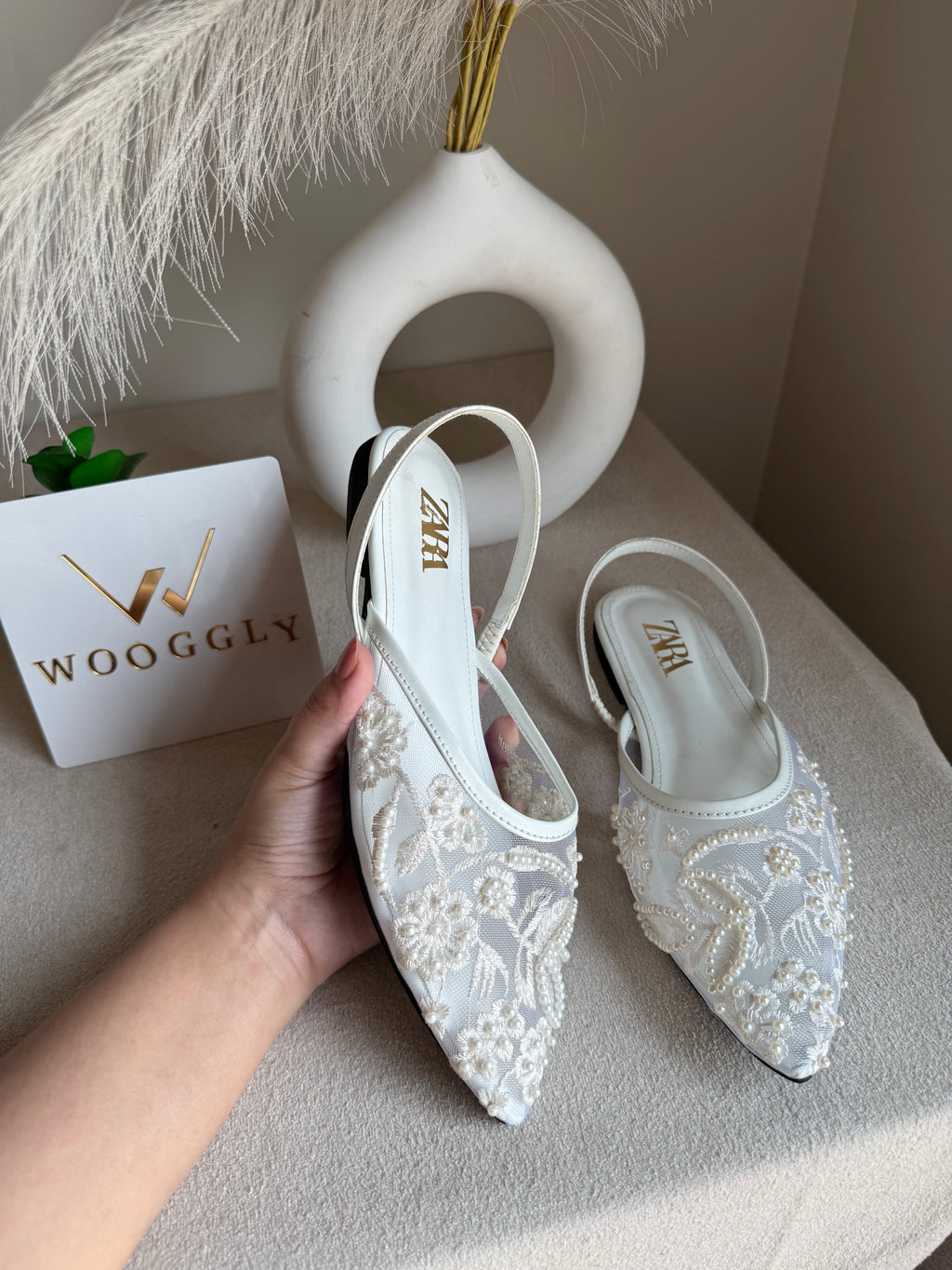 Zara Embroidered Mesh Slingback Flats  - White