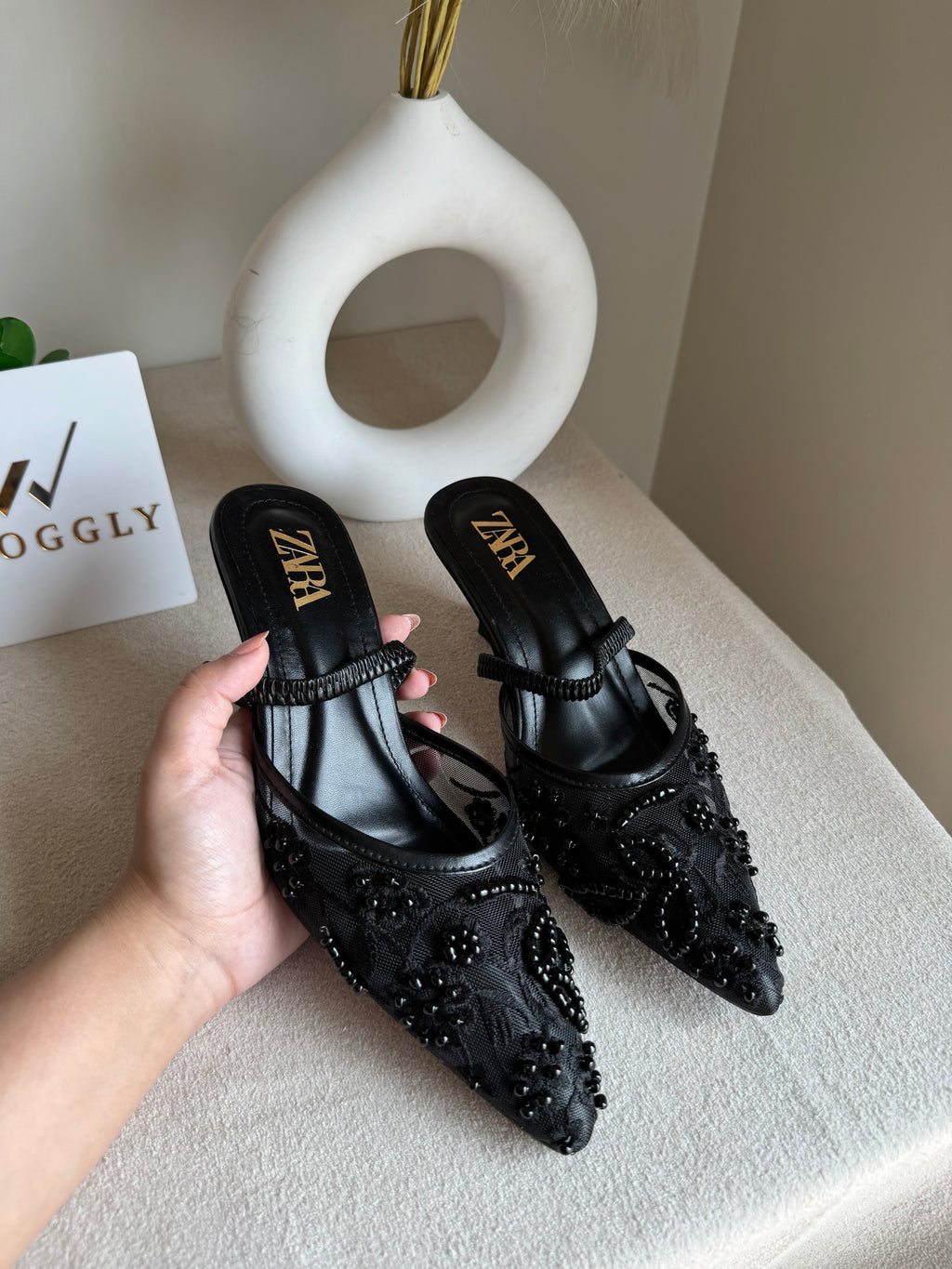 Zara Embroidered Net Heels - Black