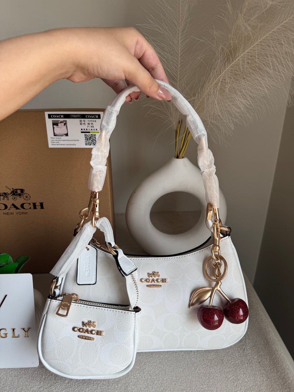 COACH Teri Gift Box with Baby Teri Charm & Coach Cherry Charm - Signature White