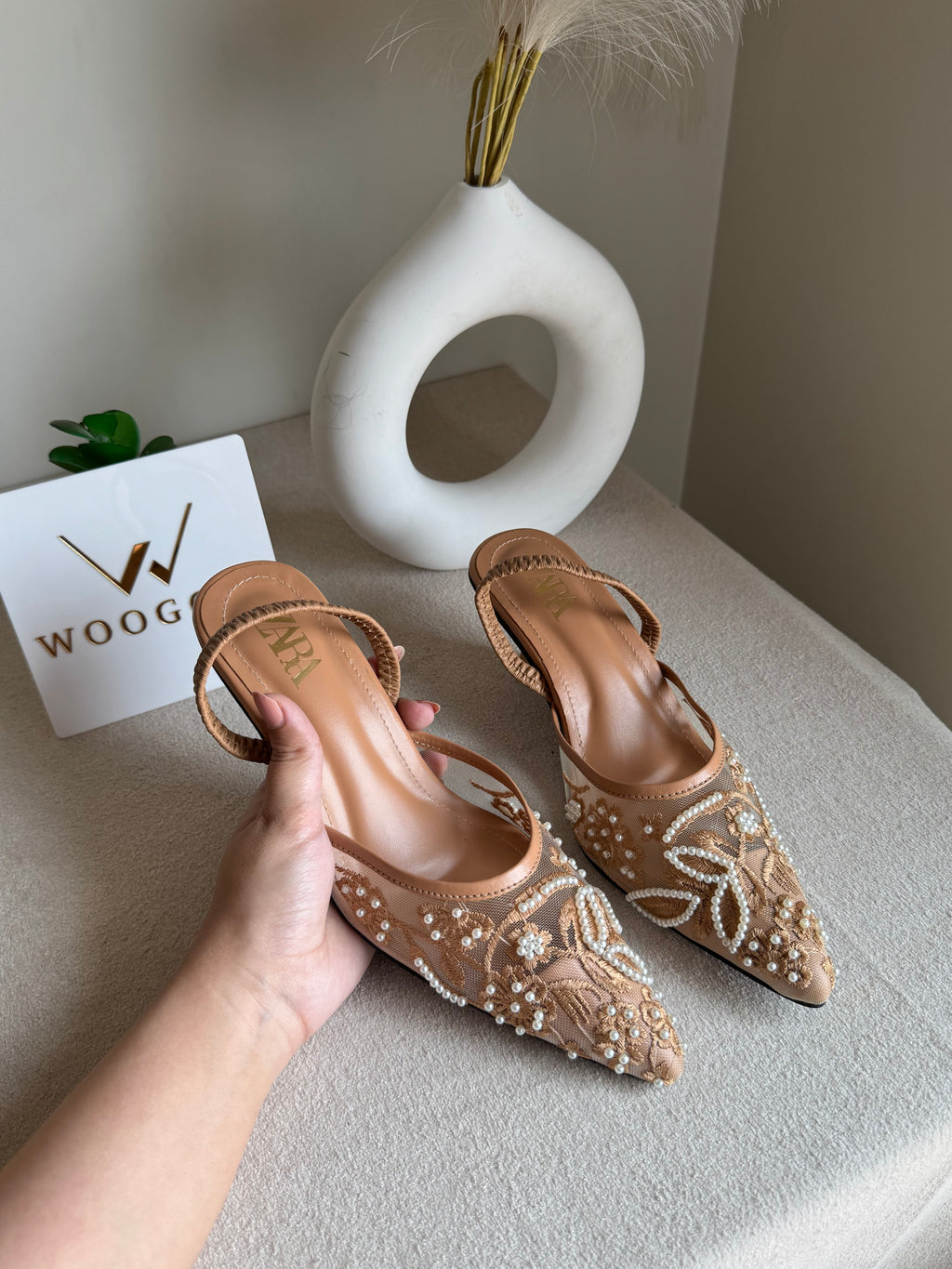 Zara Embroidered Net Heels - Beige