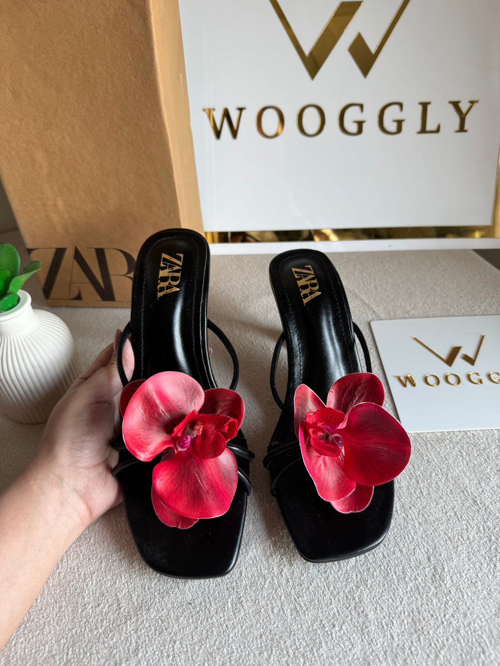 Zara Flower Heels BLACK WITH RED with Brand Box