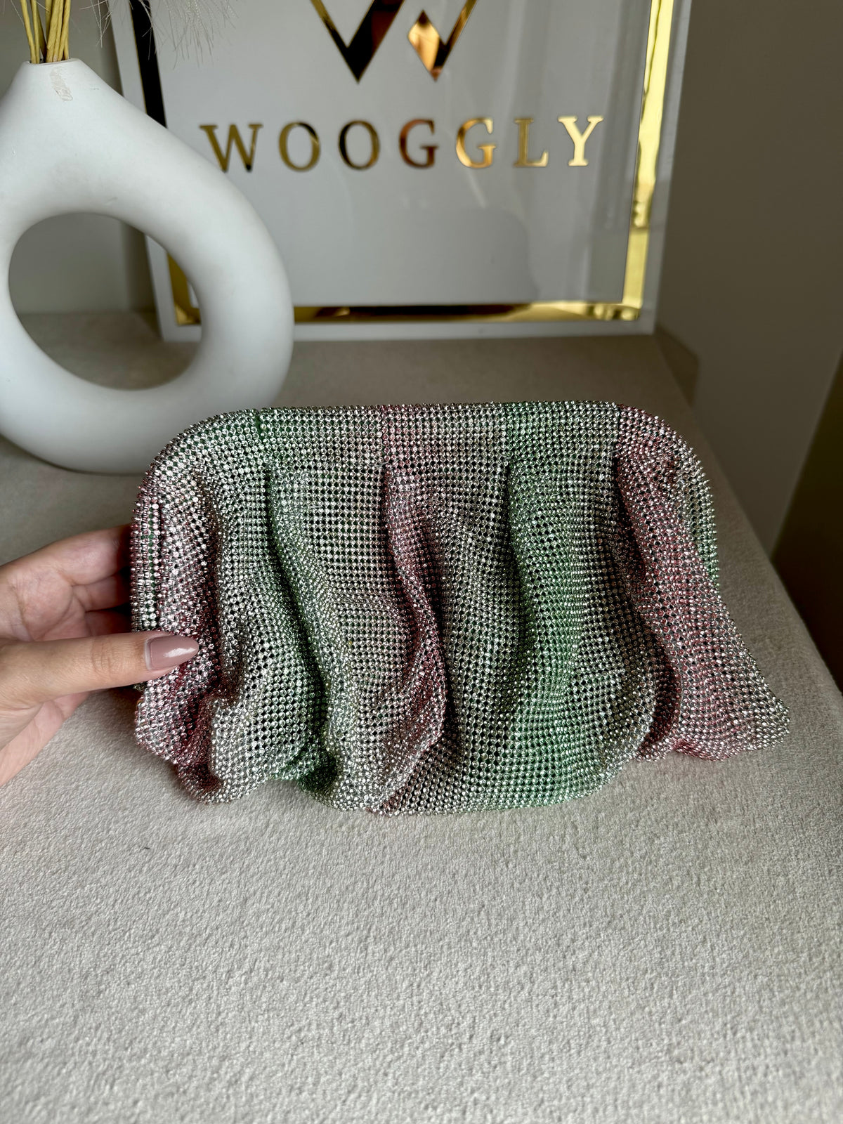 Viral High Quality Rhinestone Clutch with Chain - Pink Emerald Glimmer