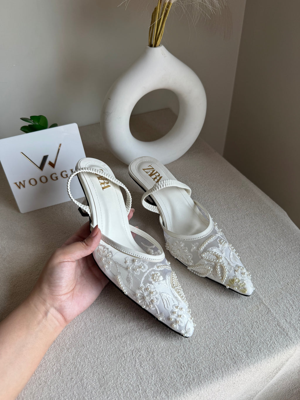 Zara Embroidered Net Heels - White