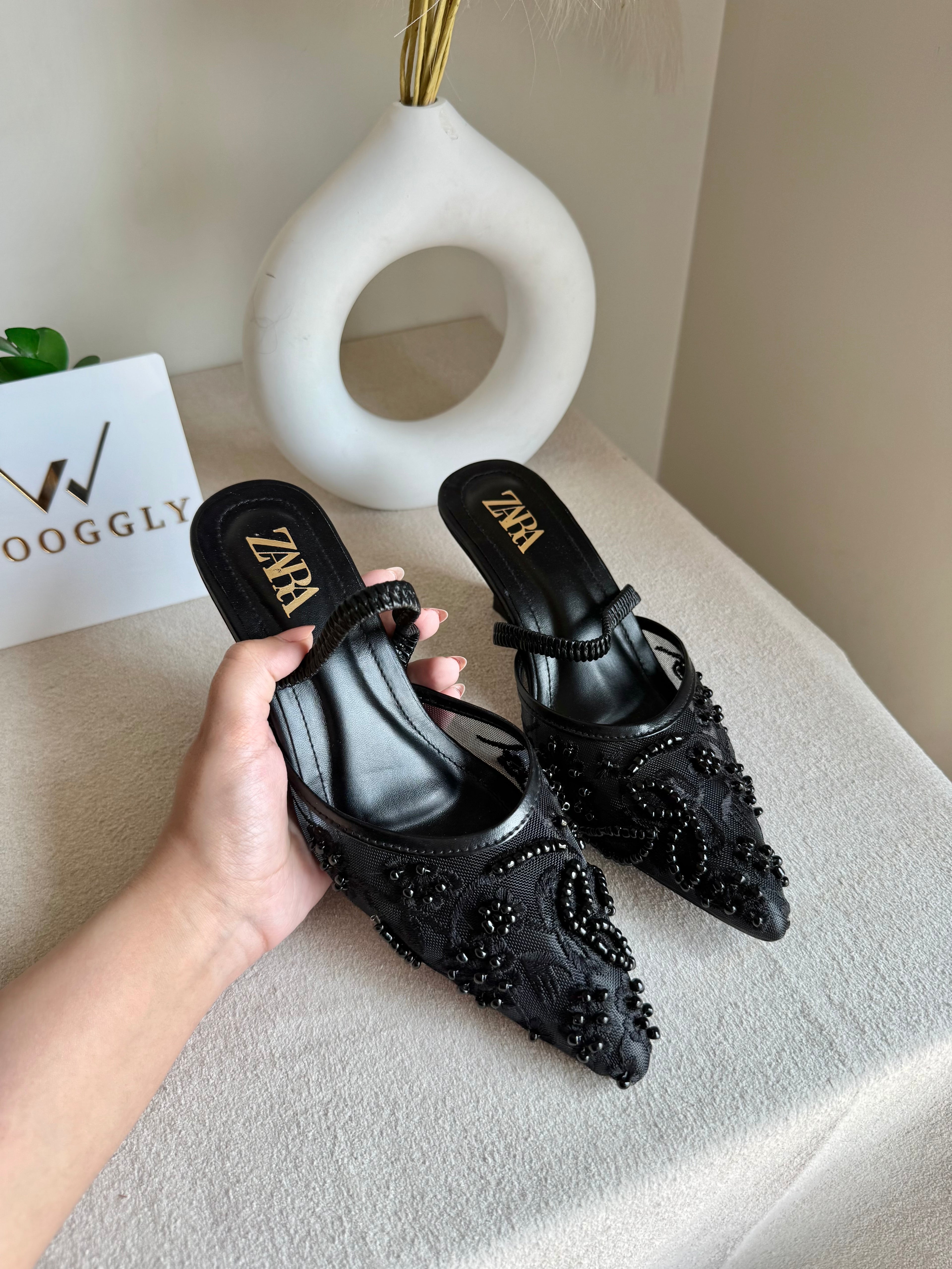 Zara Embroidered Net Heels - Black