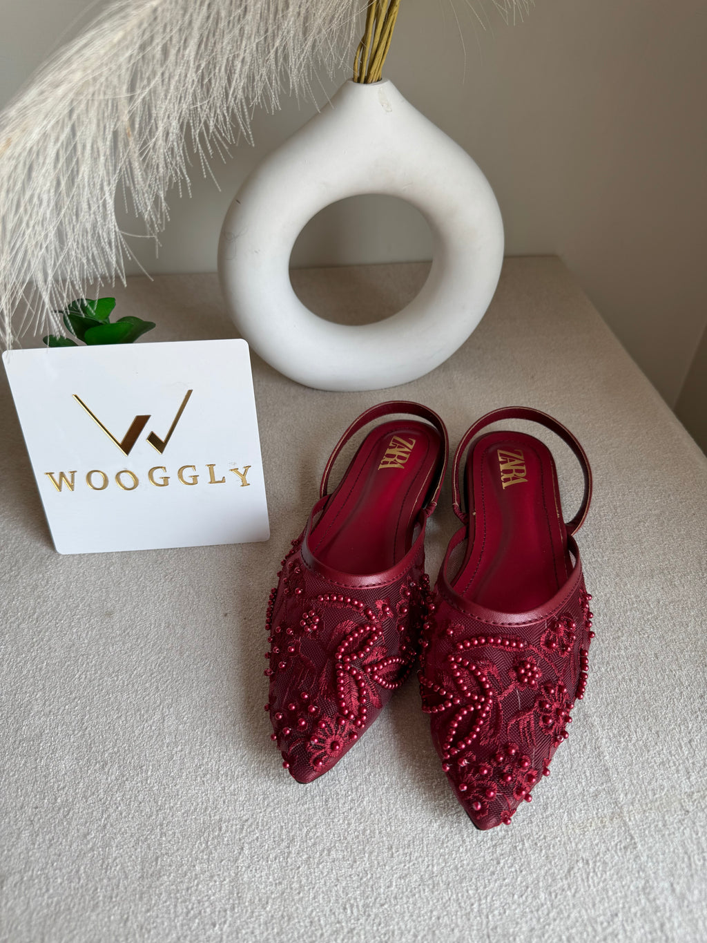Zara Embroidered Mesh Slingback Flats  - Maroon