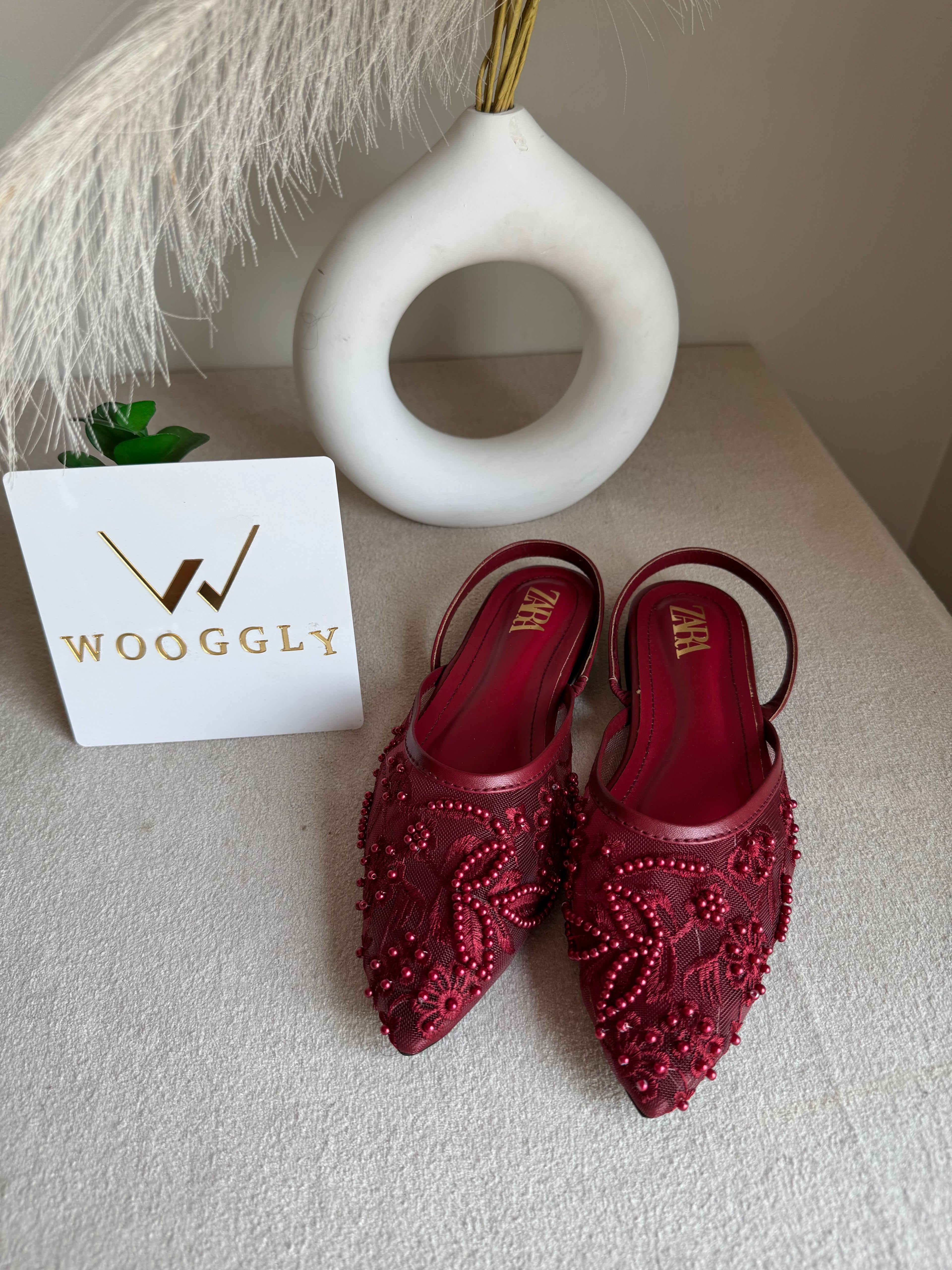 Zara Embroidered Mesh Slingback Flats  - Maroon