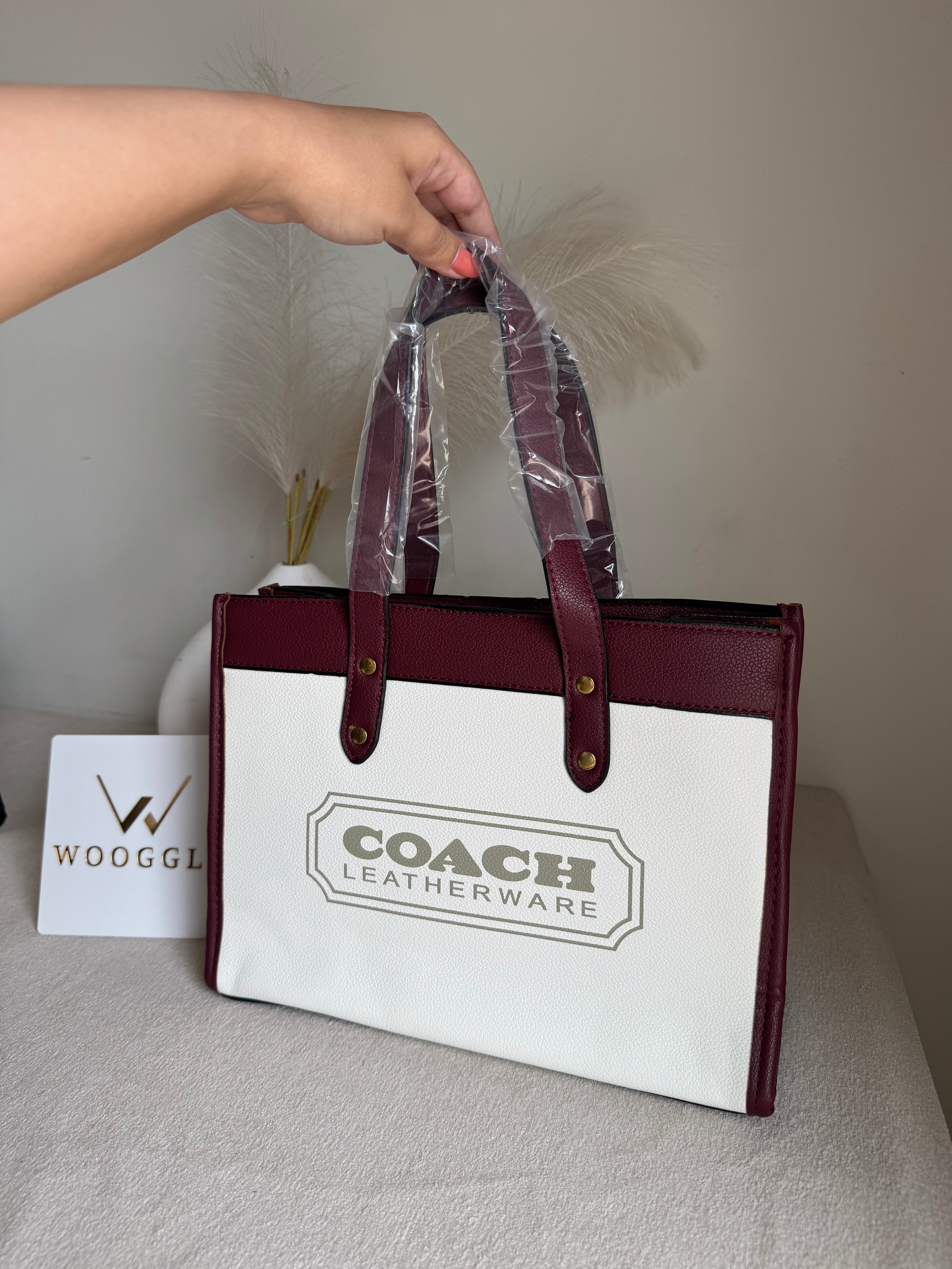 COACH Field Tote Bag - Maroon & White