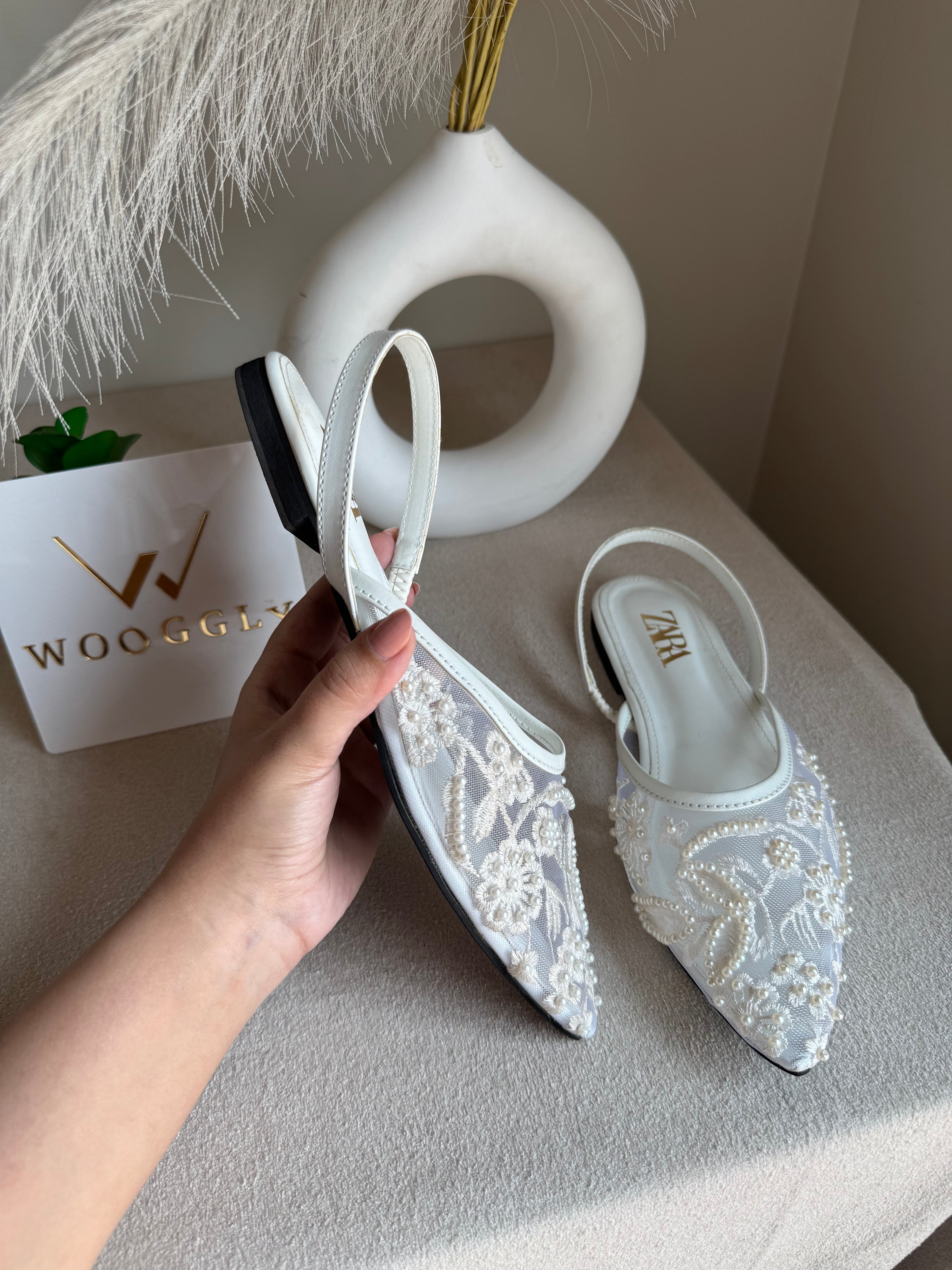 Zara Embroidered Mesh Slingback Flats  - White