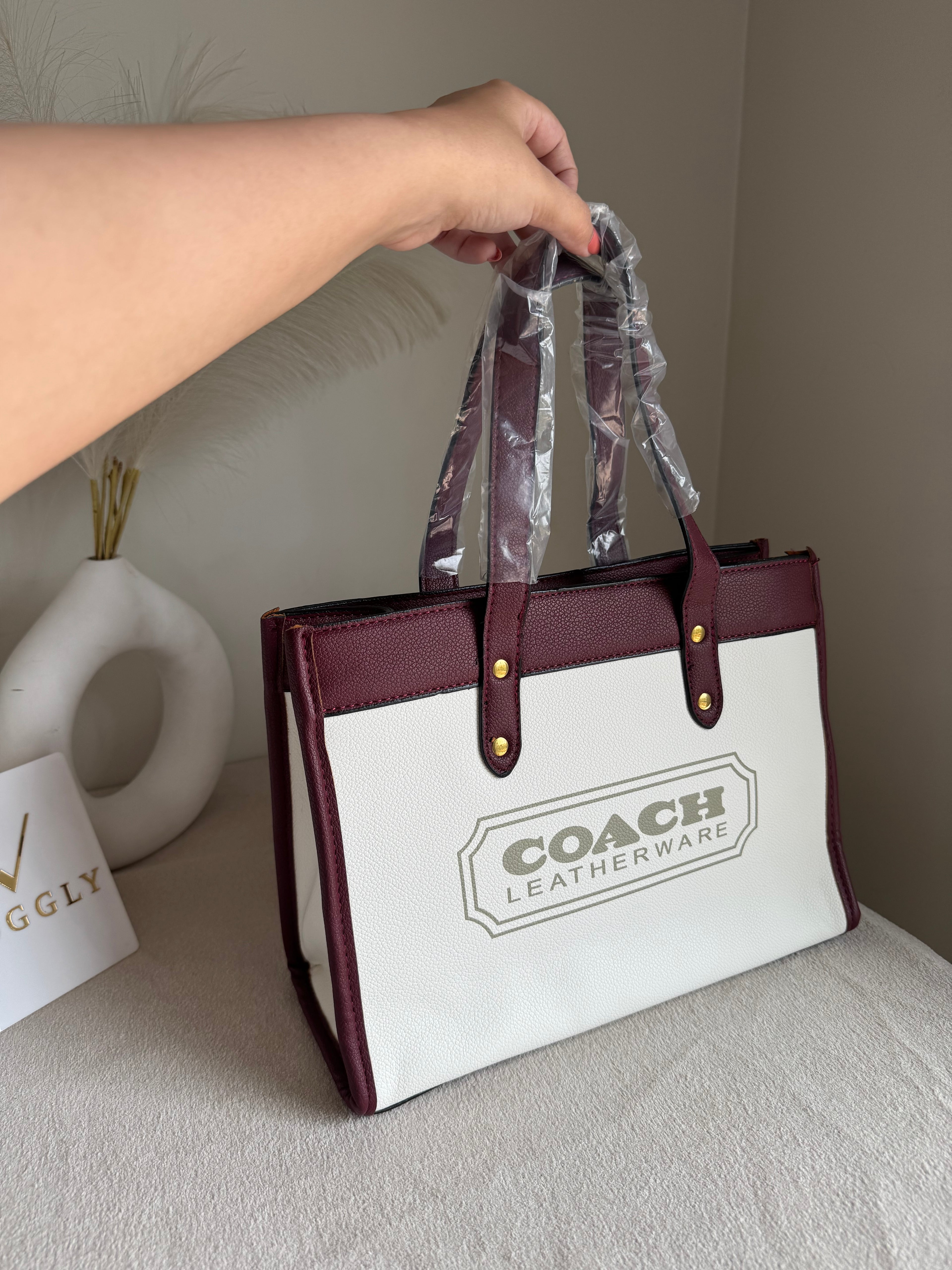 COACH Field Tote Bag - Maroon & White