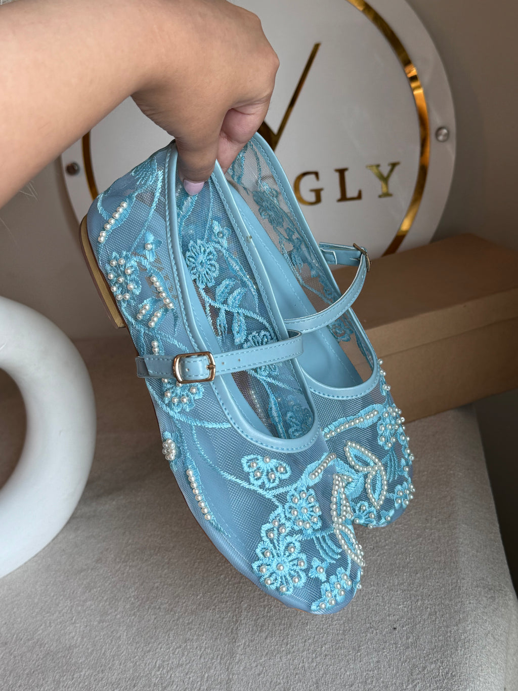 Zara Embroided Net Pumps - Baby Blue