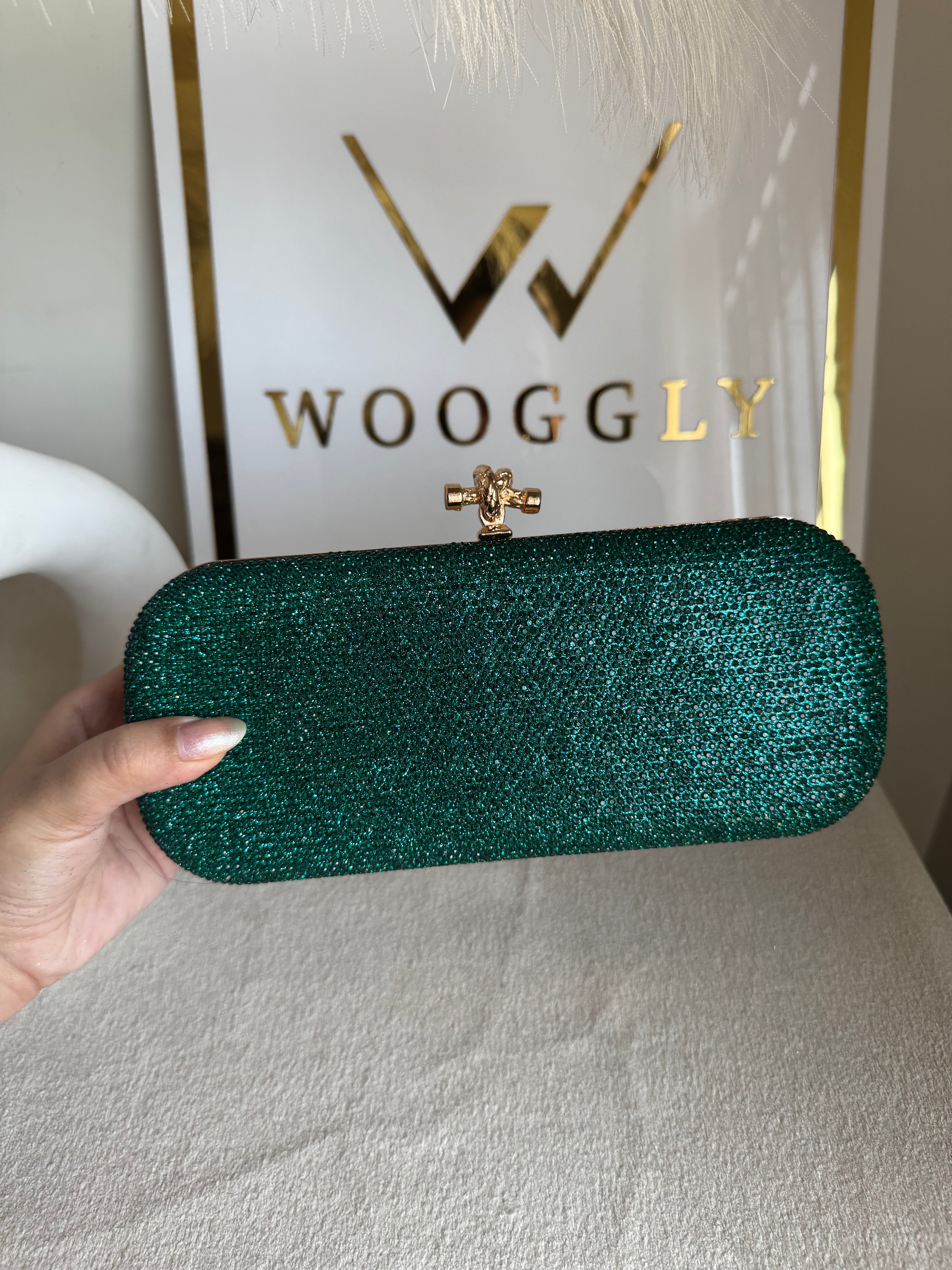 Bottega Shimmer Clutch - Green with Chain